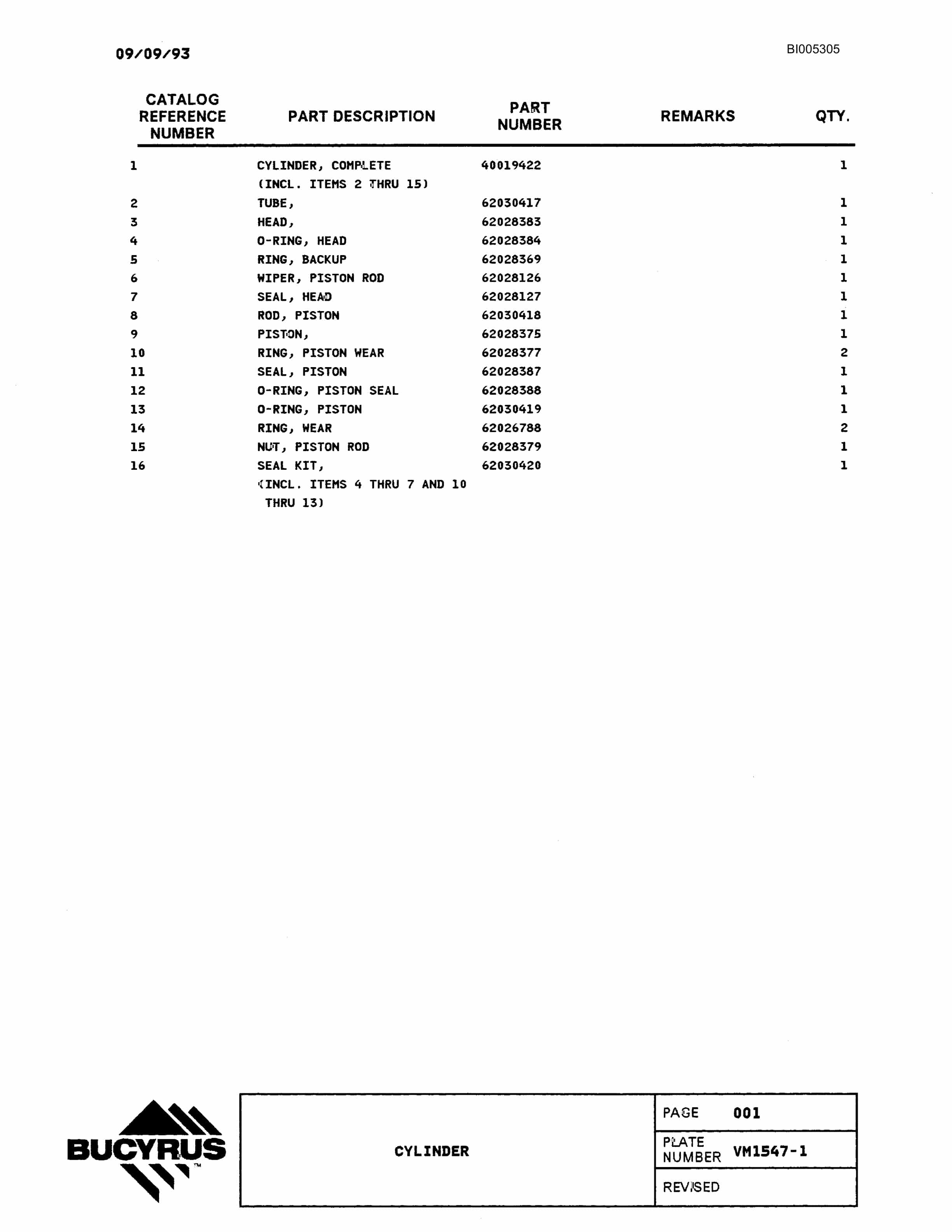 Bucyrus 59R Drill Parts Catalog BI005305-3