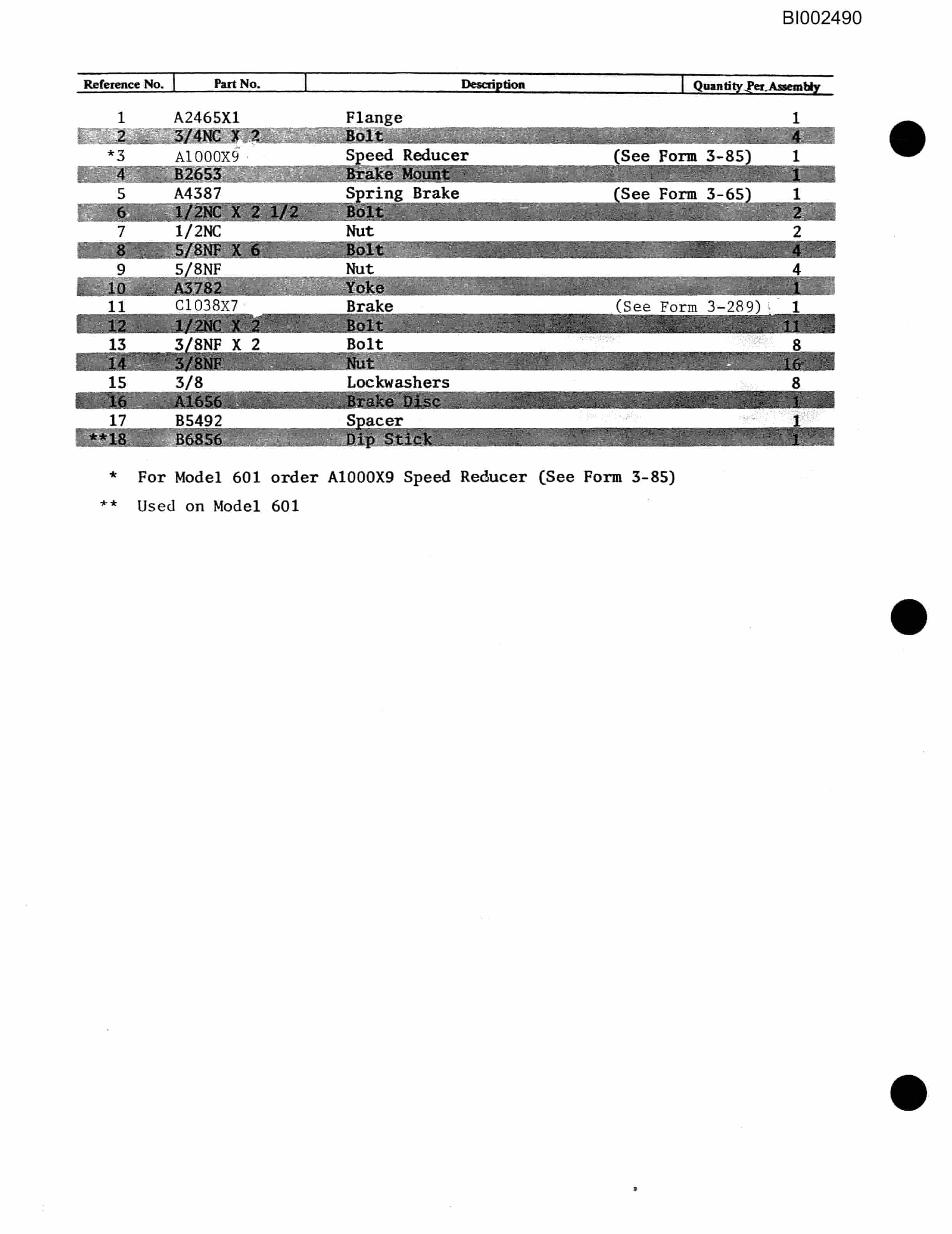Bucyrus 601 Parts Catalog BI002490-3