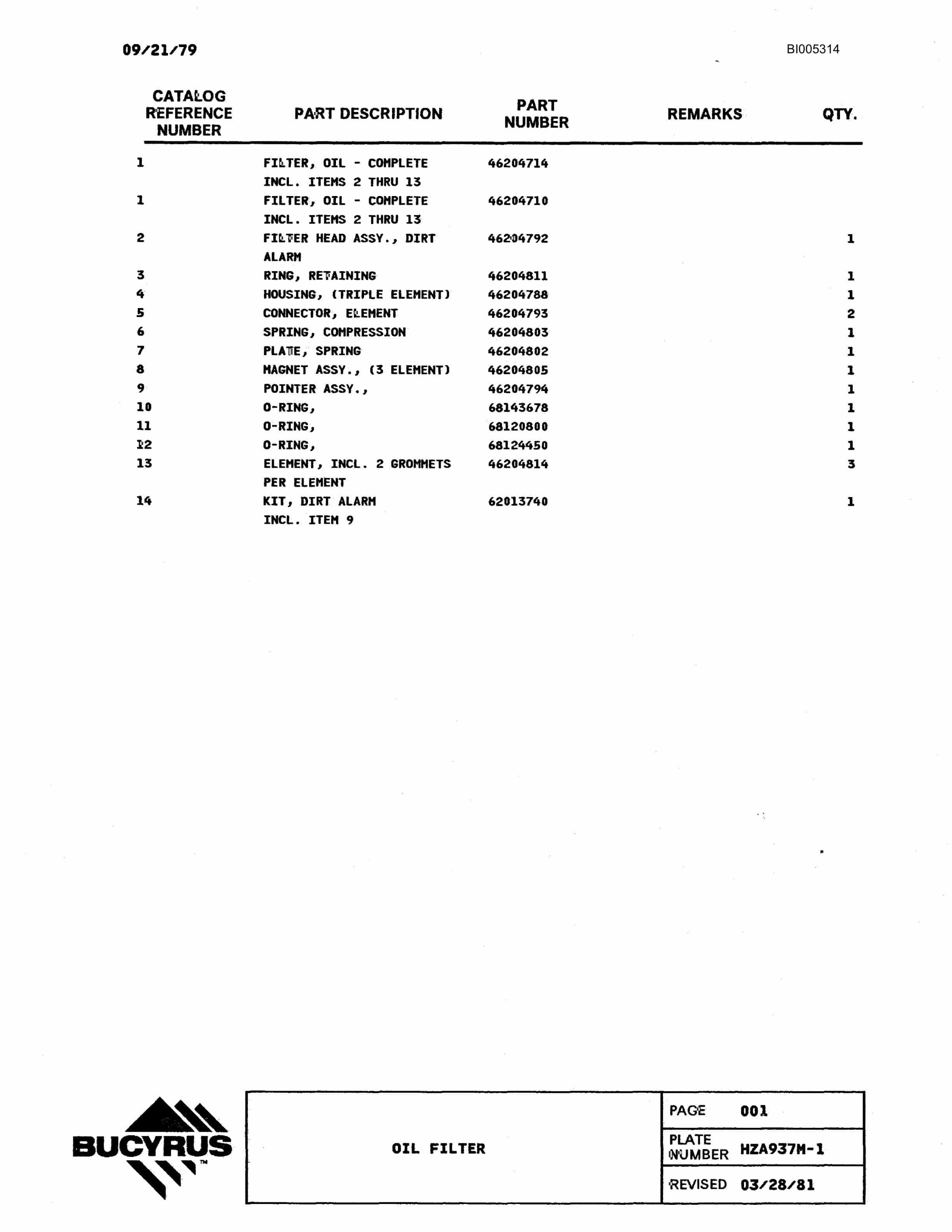 Bucyrus 60R Drill Parts Catalog BI005314-2