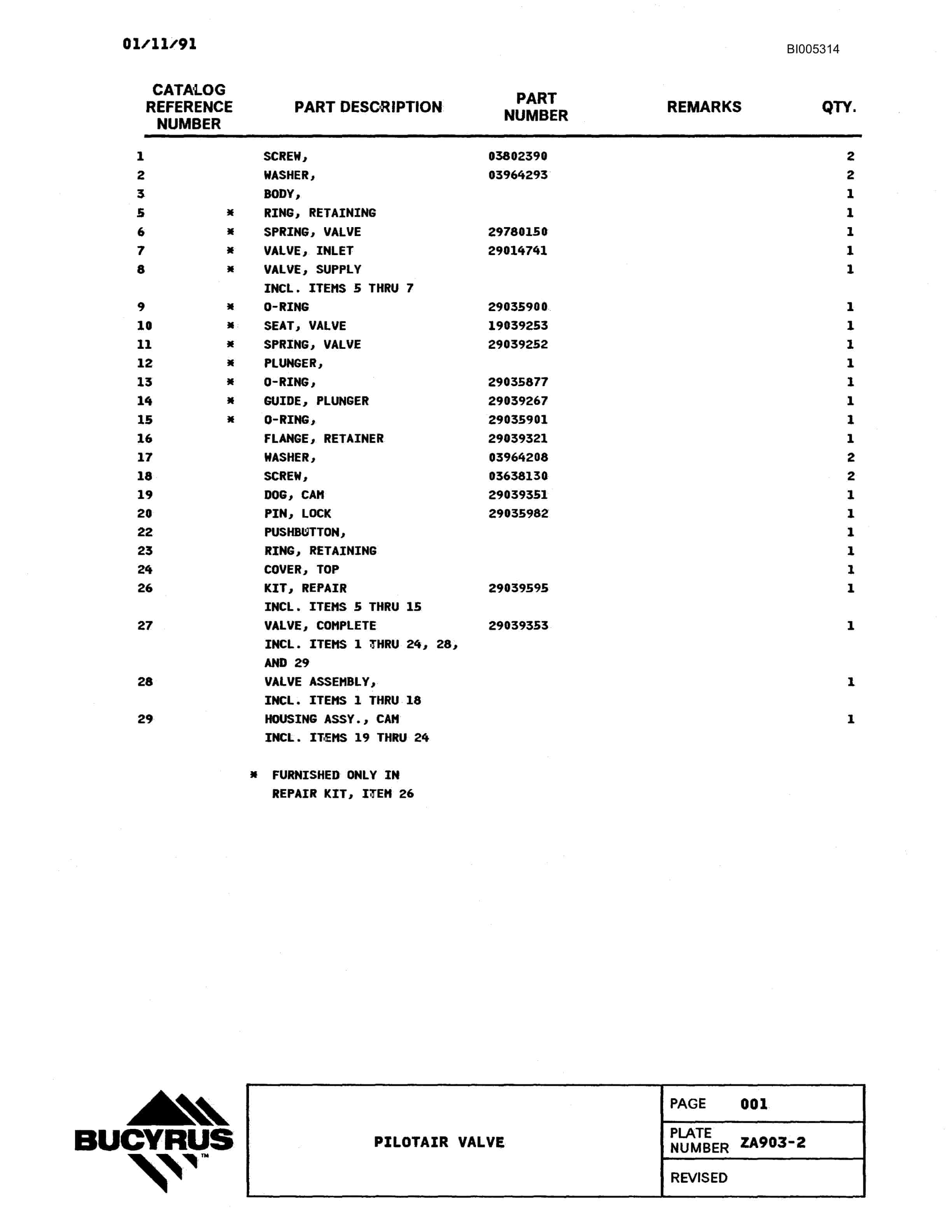 Bucyrus 60R Drill Parts Catalog BI005314-3