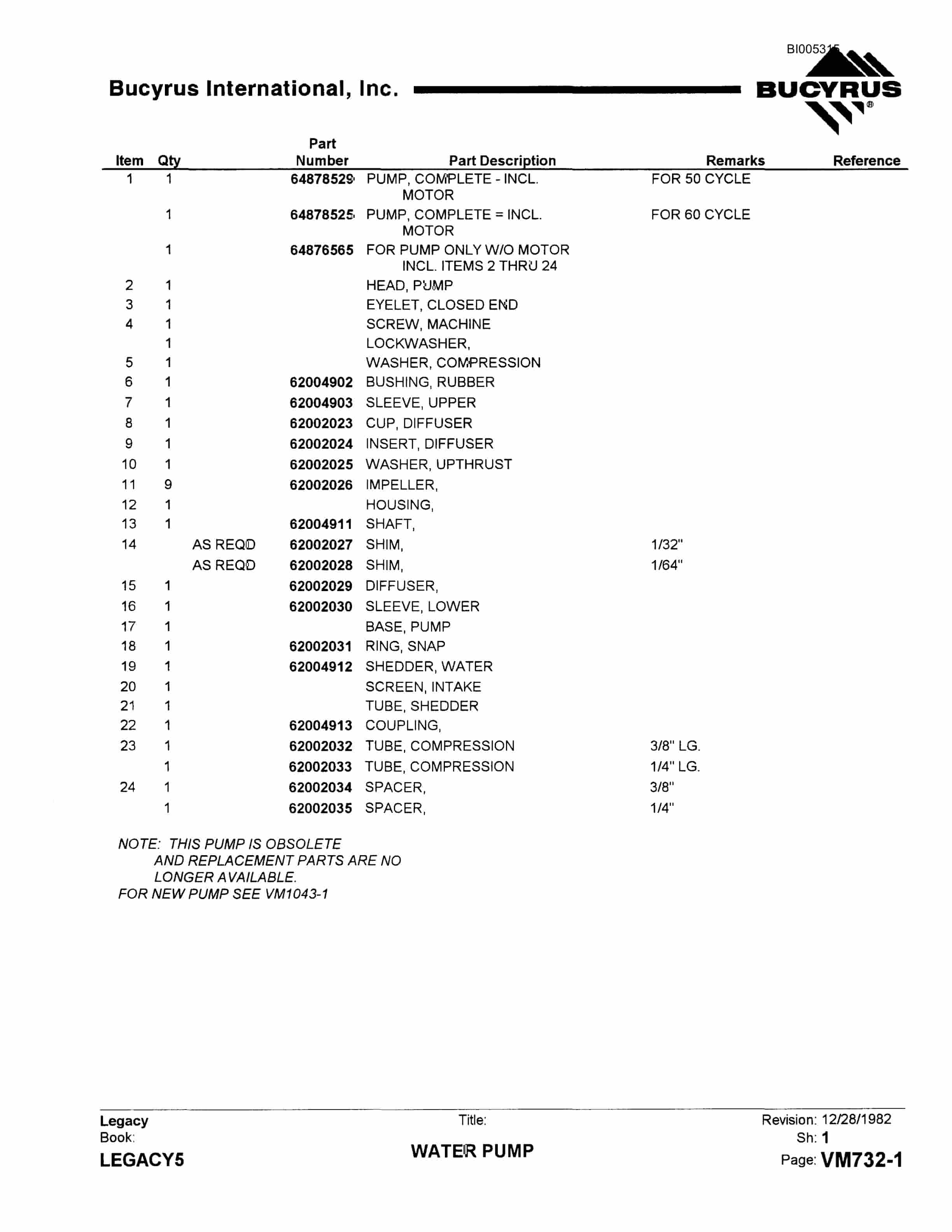 Bucyrus 60R Drill Parts Catalog BI005315-2