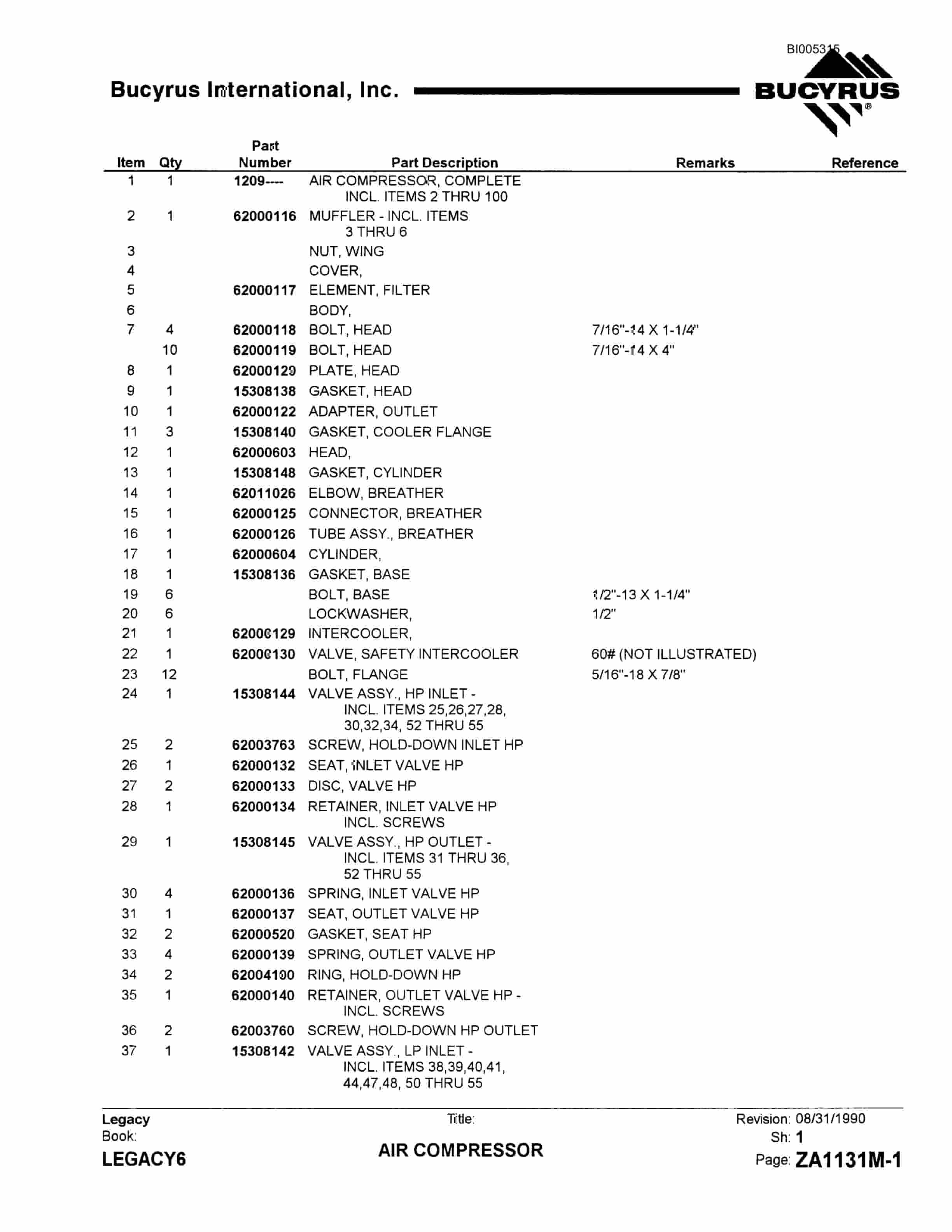 Bucyrus 60R Drill Parts Catalog BI005315-3