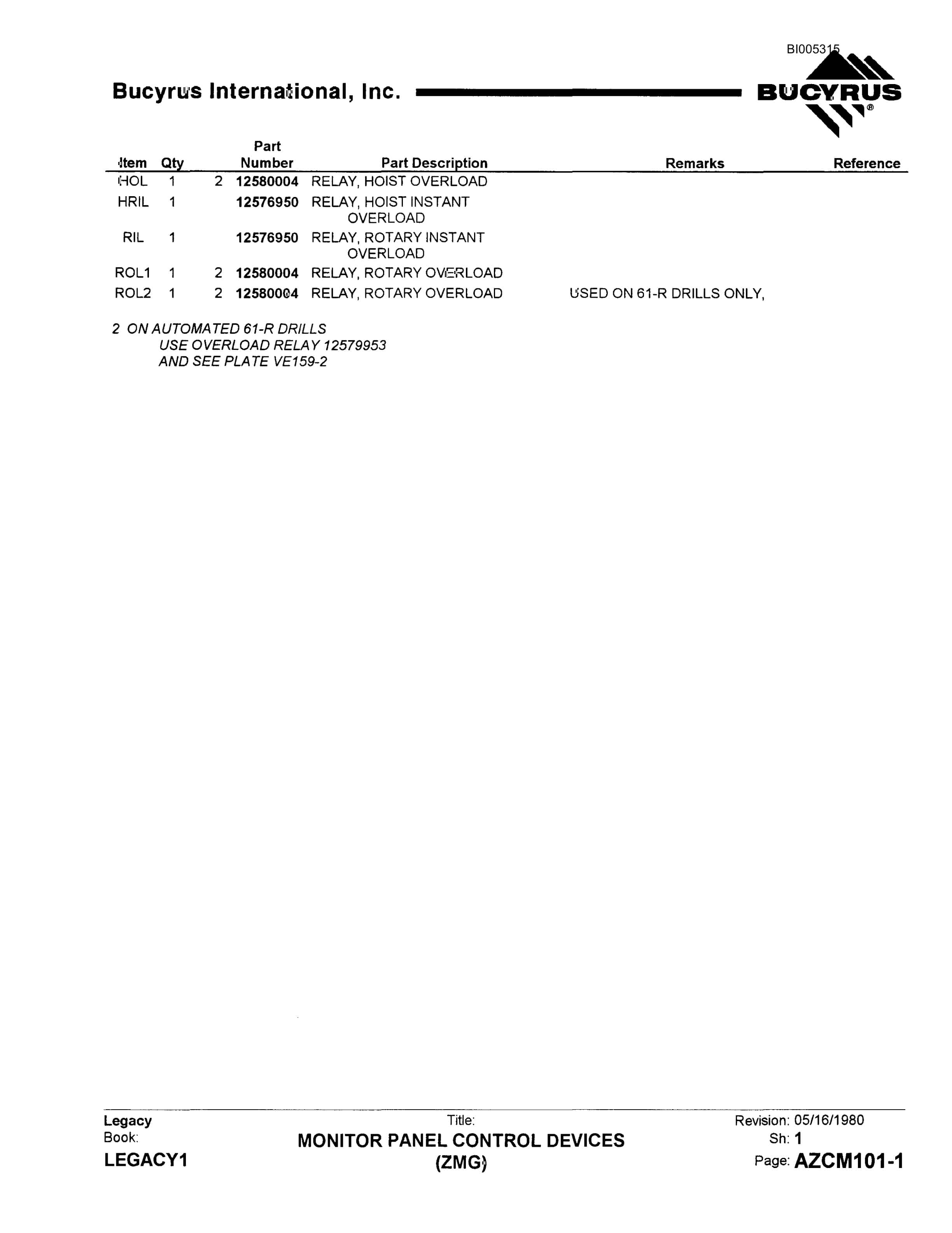 Bucyrus 60R Drill Parts Catalog BI005315-4