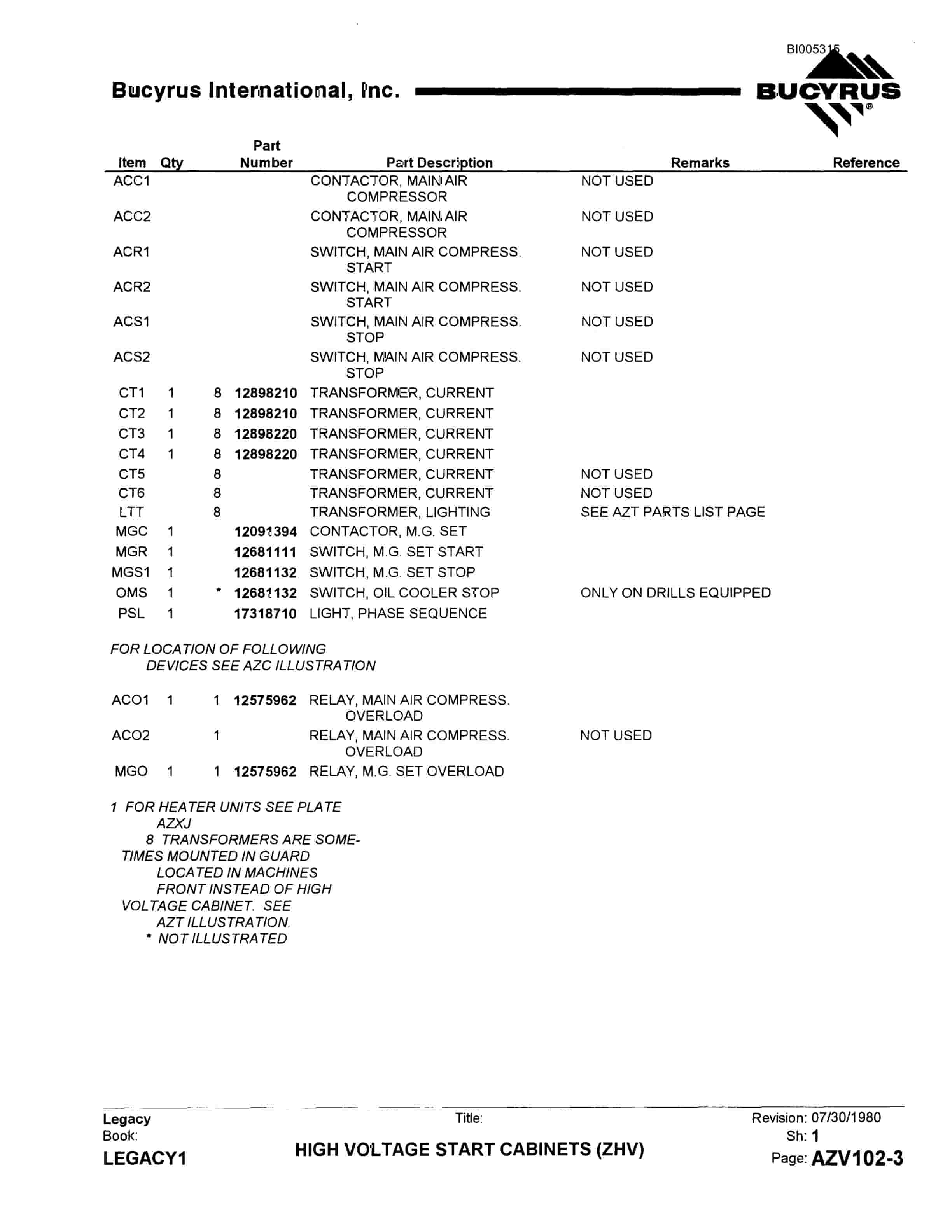 Bucyrus 60R Drill Parts Catalog BI005315-5