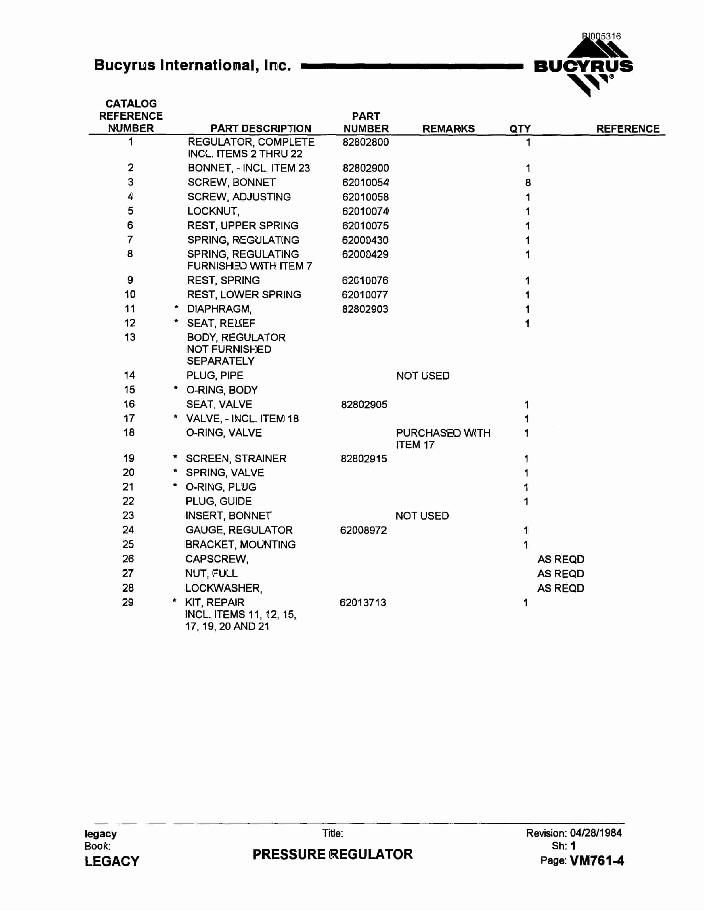 Bucyrus 60R Drill Parts Catalog BI005316-2