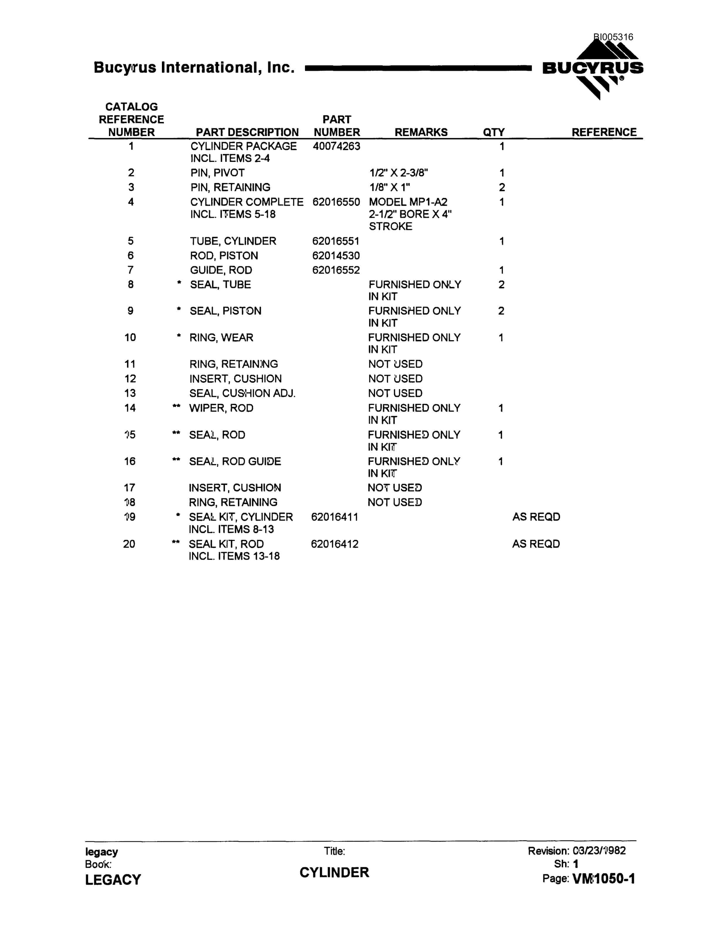 Bucyrus 60R Drill Parts Catalog BI005316-4