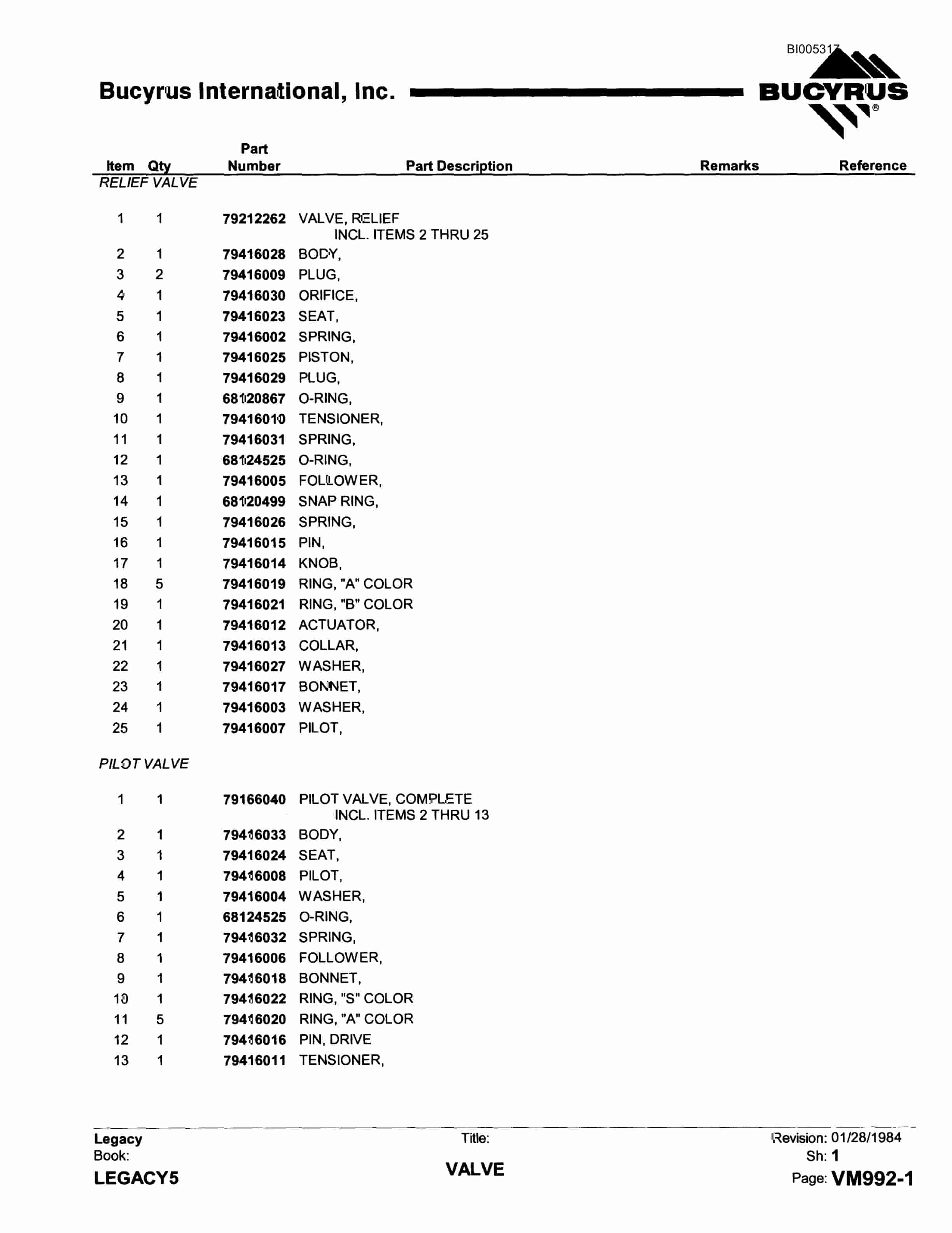 Bucyrus 60R Drill Parts Catalog BI005317-4