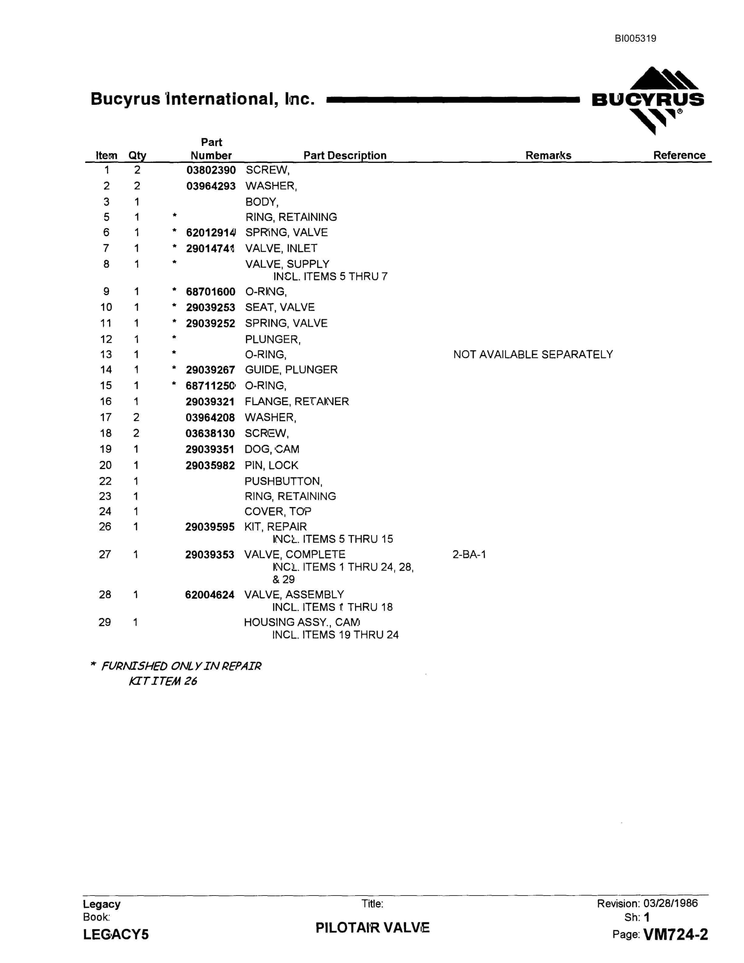 Bucyrus 60R Drill Parts Catalog BI005319-2