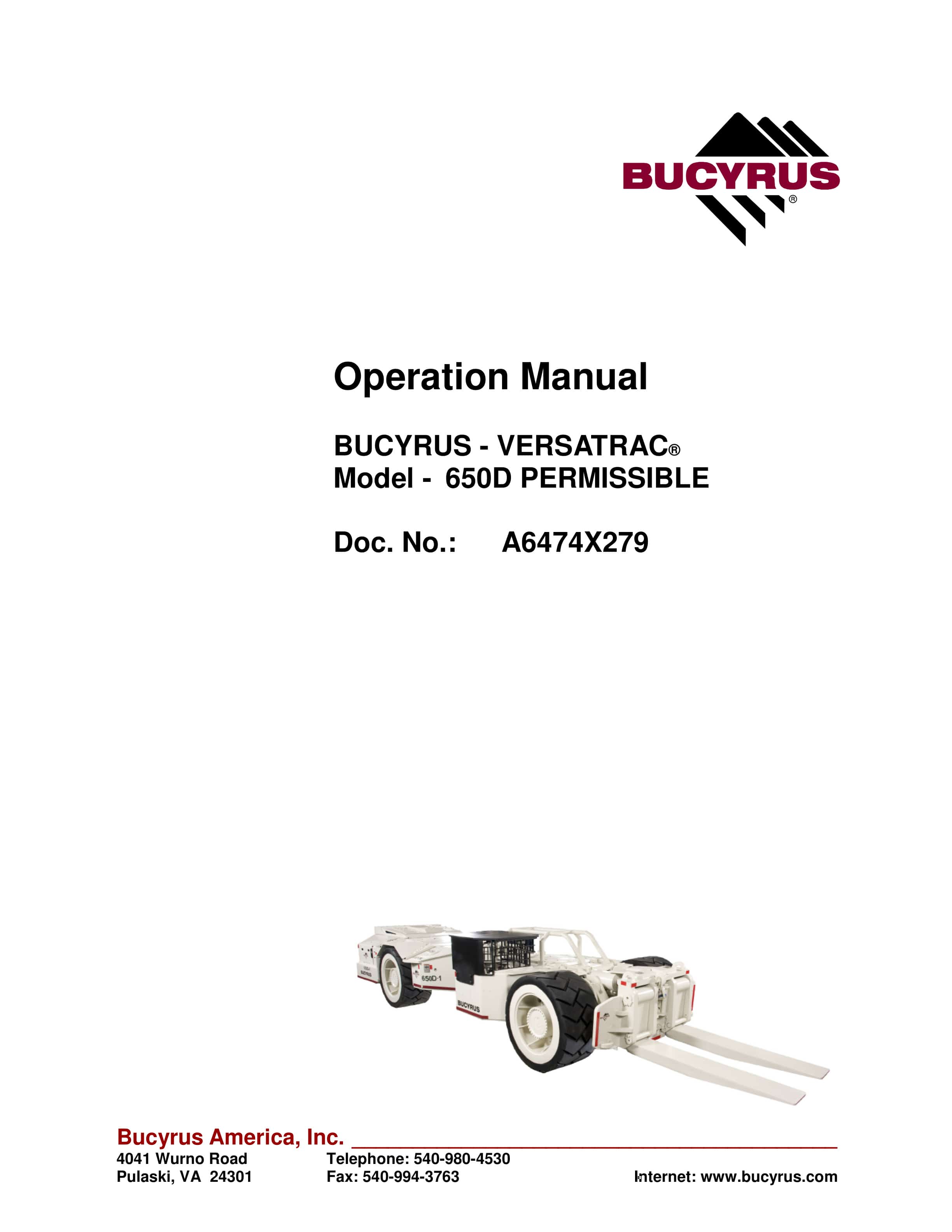Bucyrus 650D Permissible Versatrac Operation Manual A6474X279