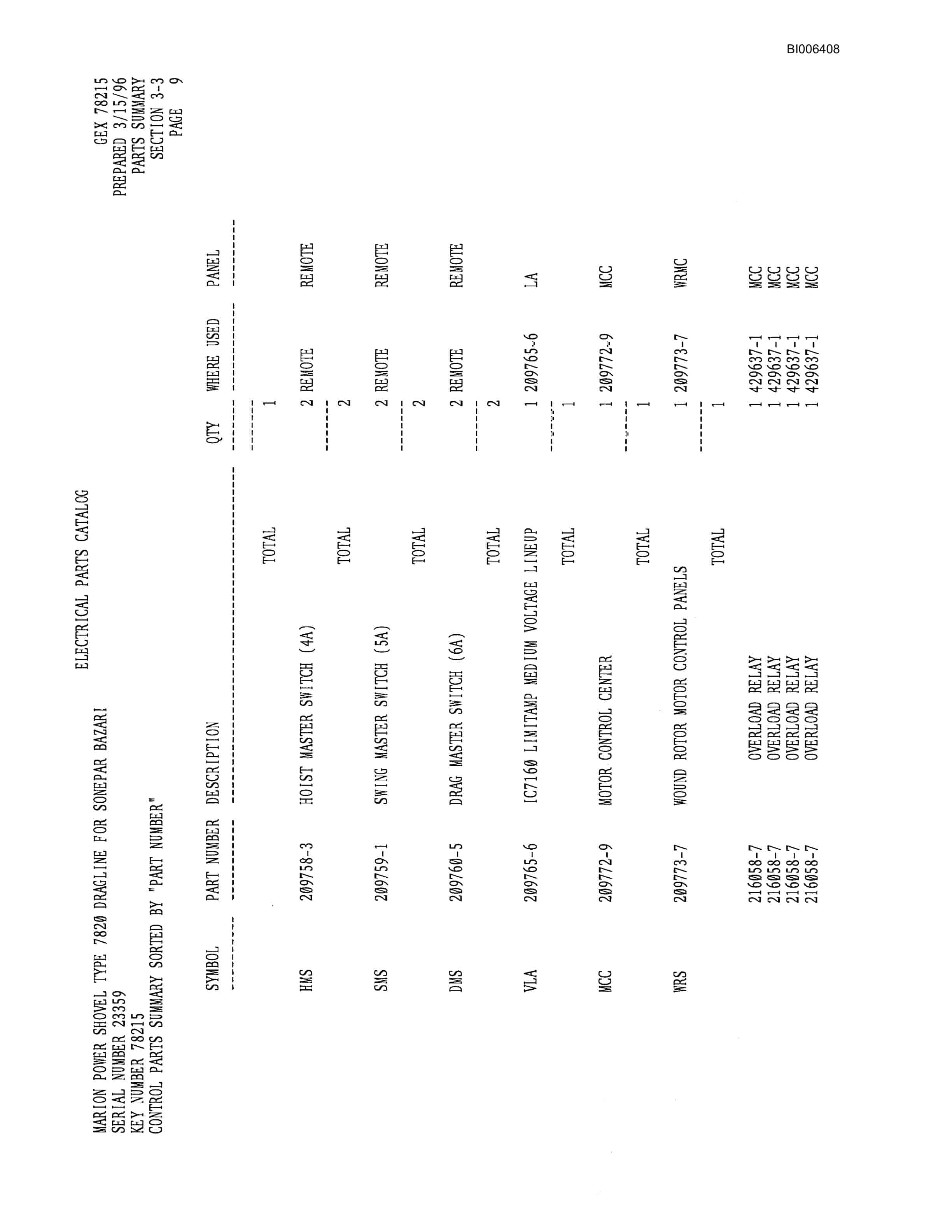 Bucyrus 7820 Dragline Parts Catalog BI006408-5