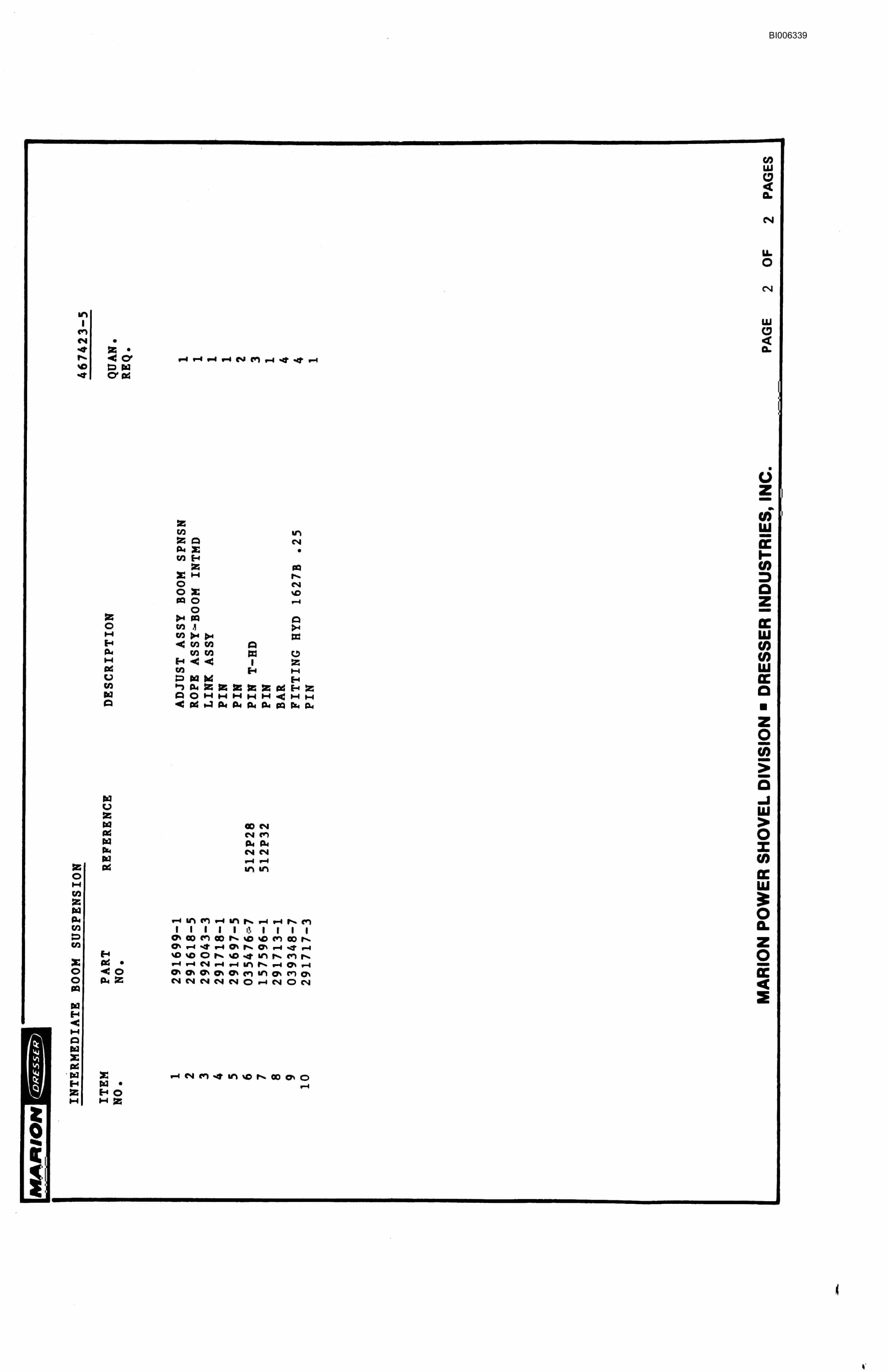 Bucyrus 7820 Parts Catalog BI006339-2