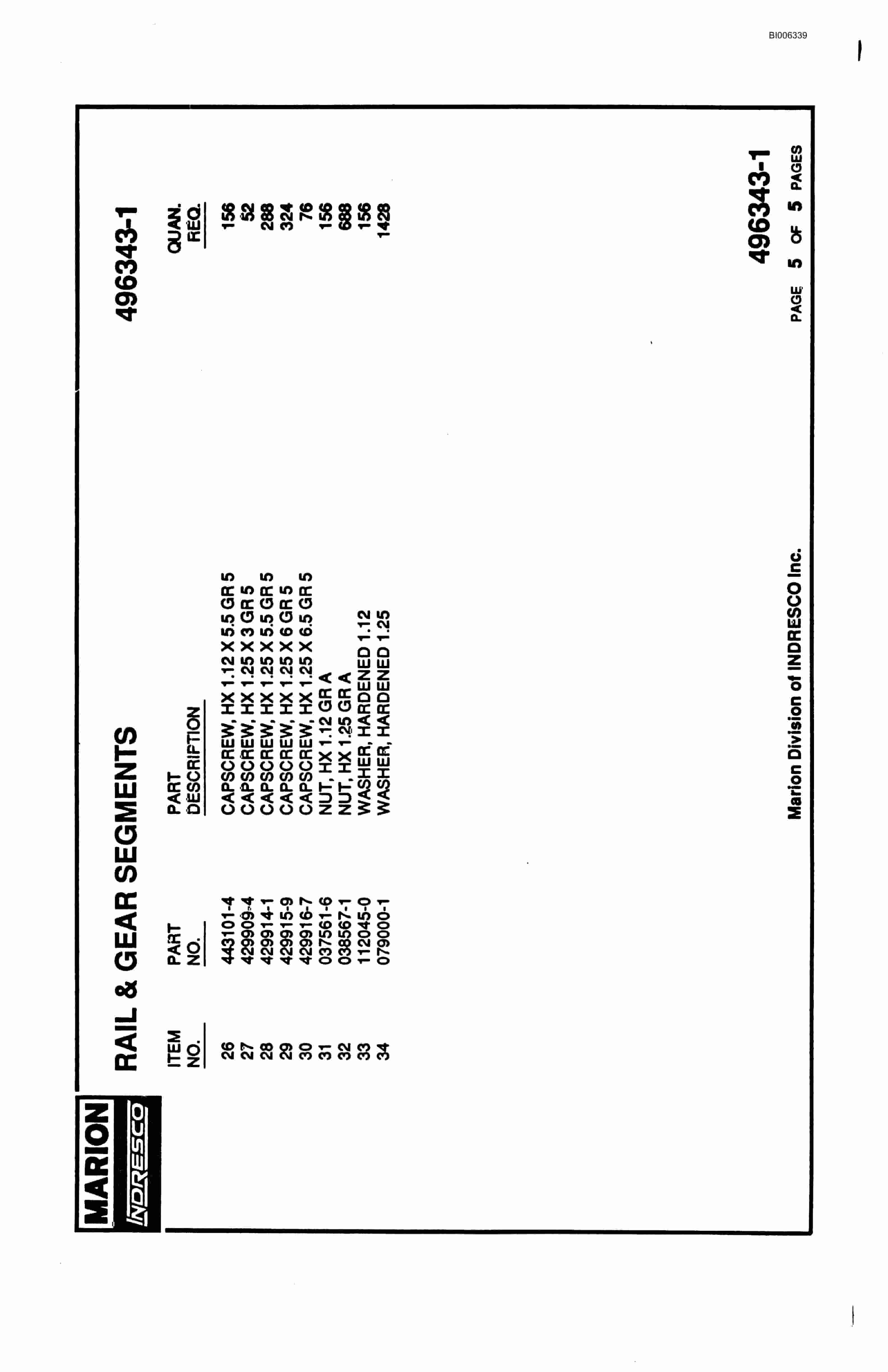 Bucyrus 7820 Parts Catalog BI006339-3