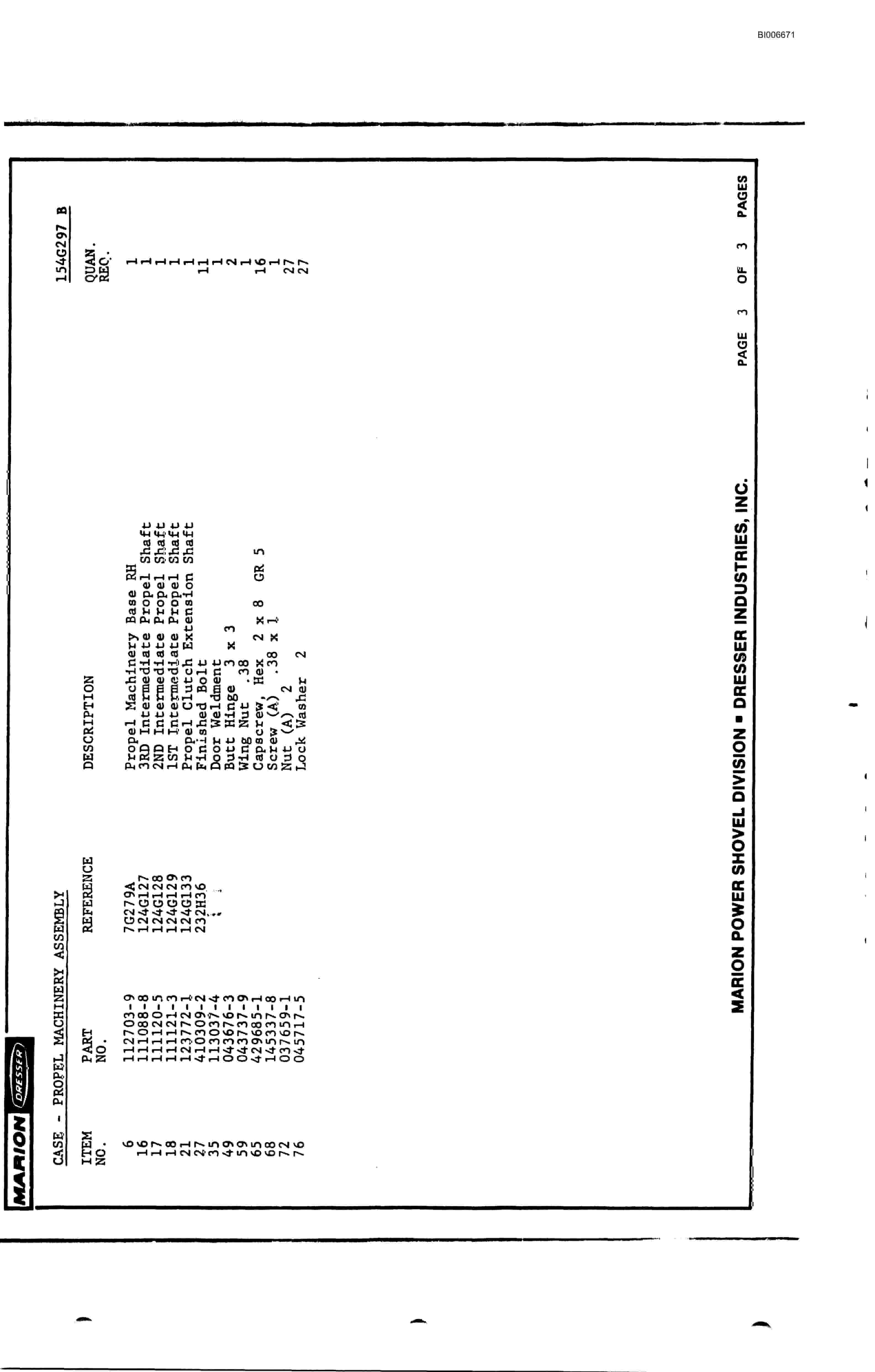 Bucyrus 7820 Parts Catalog BI006671-2