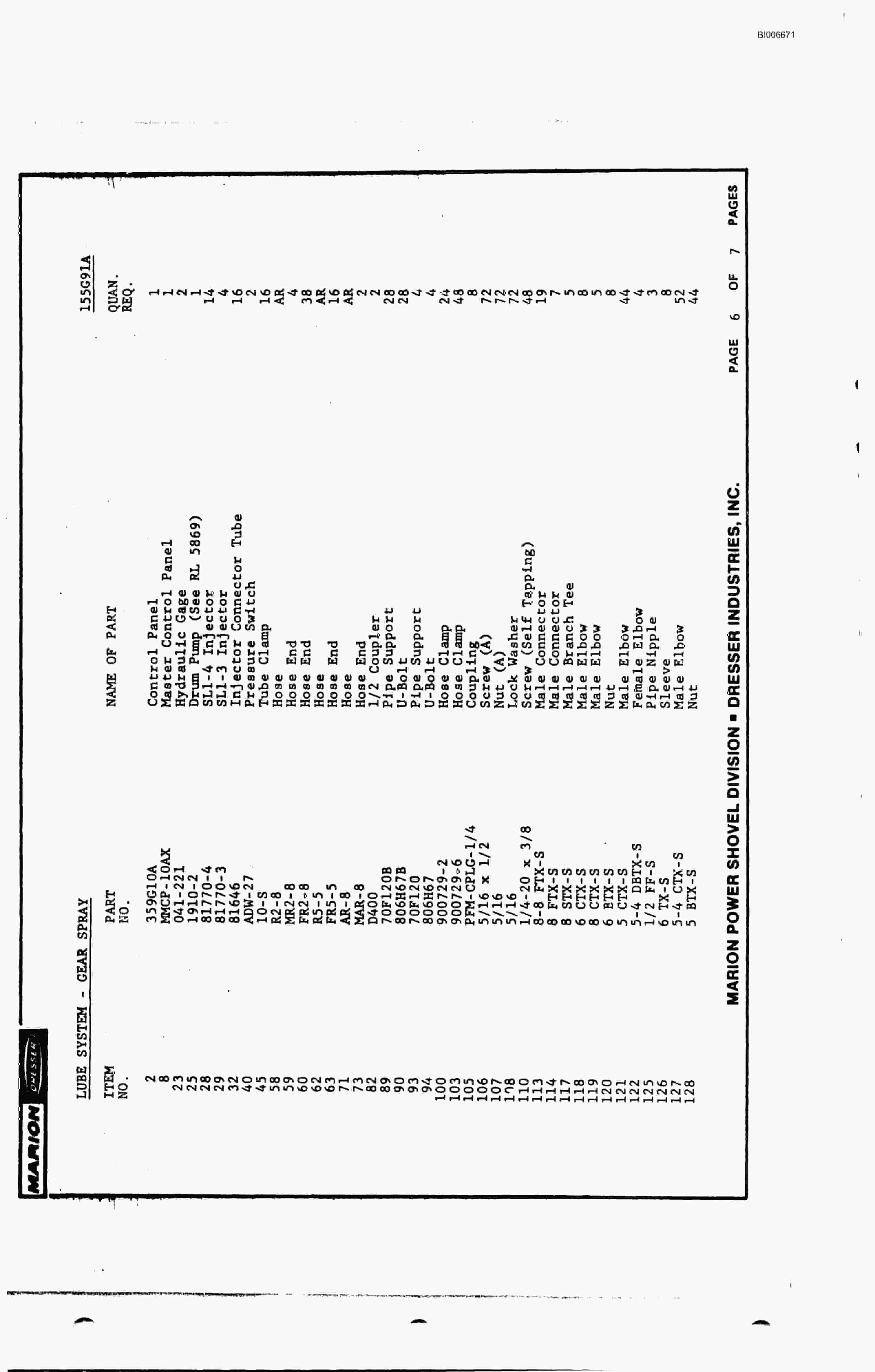 Bucyrus 7820 Parts Catalog BI006671-3