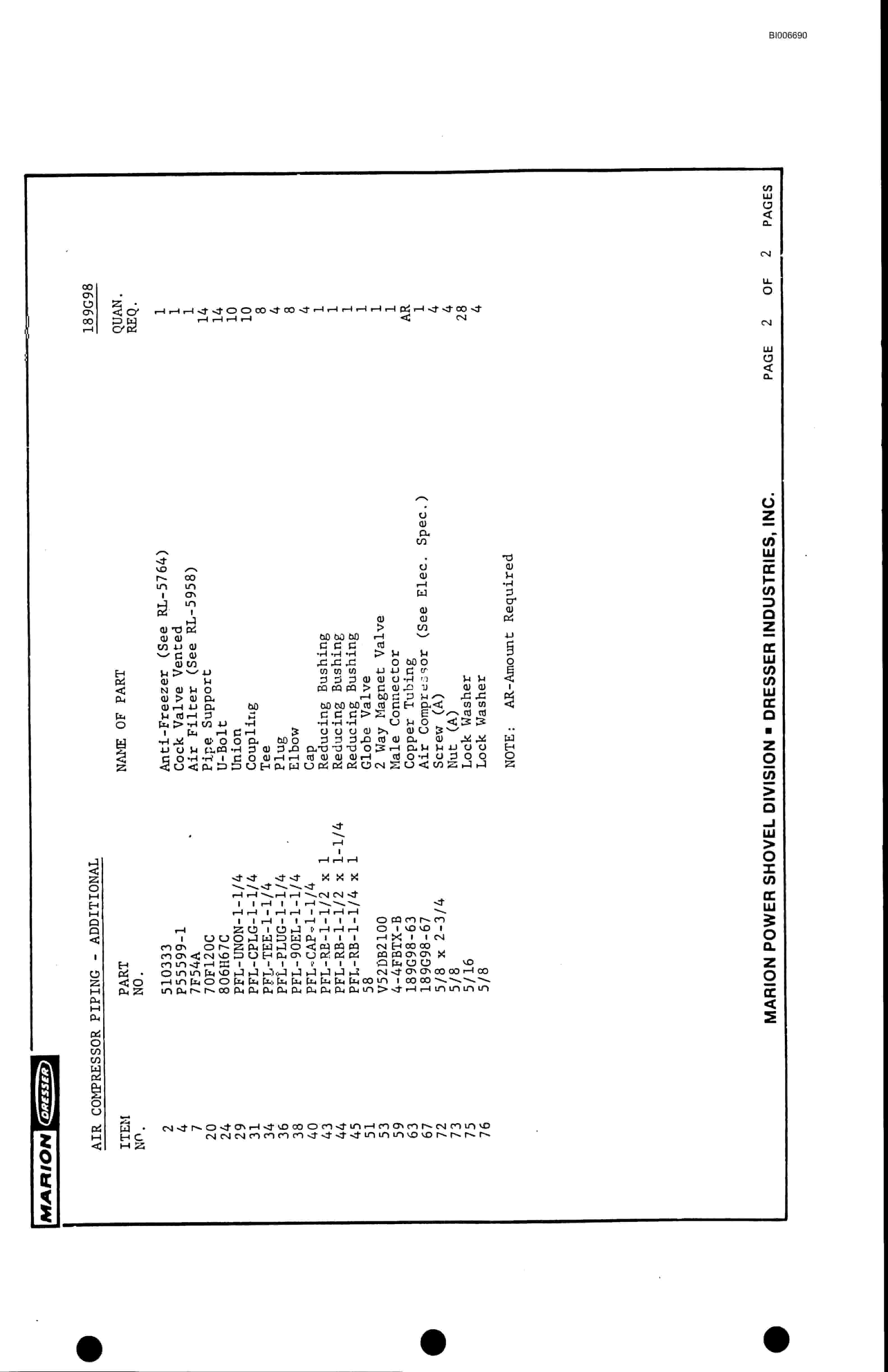 Bucyrus 7820 Parts Catalog BI006690-5