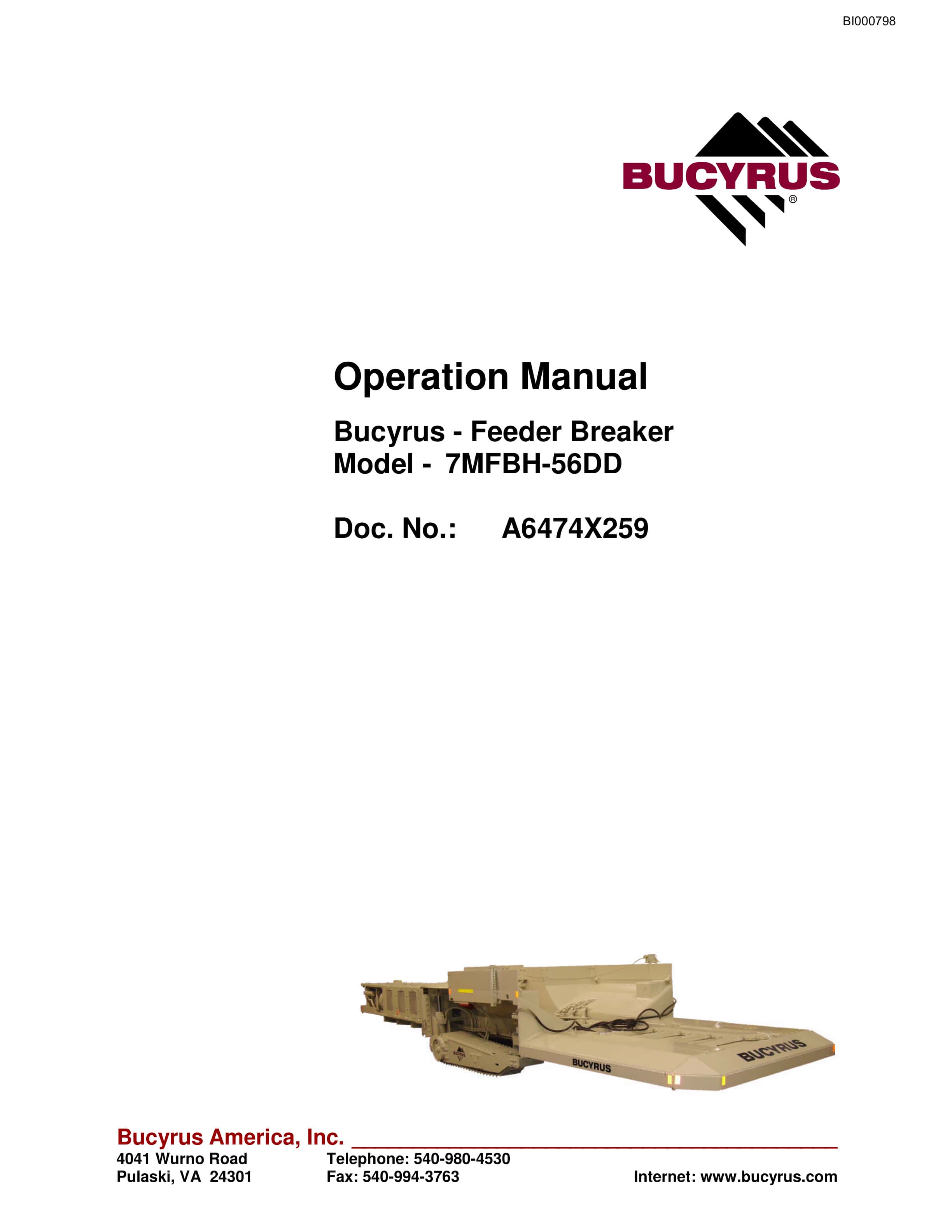 Bucyrus 7MFBH-56DD Feeder Breaker Operation Manual BI000798