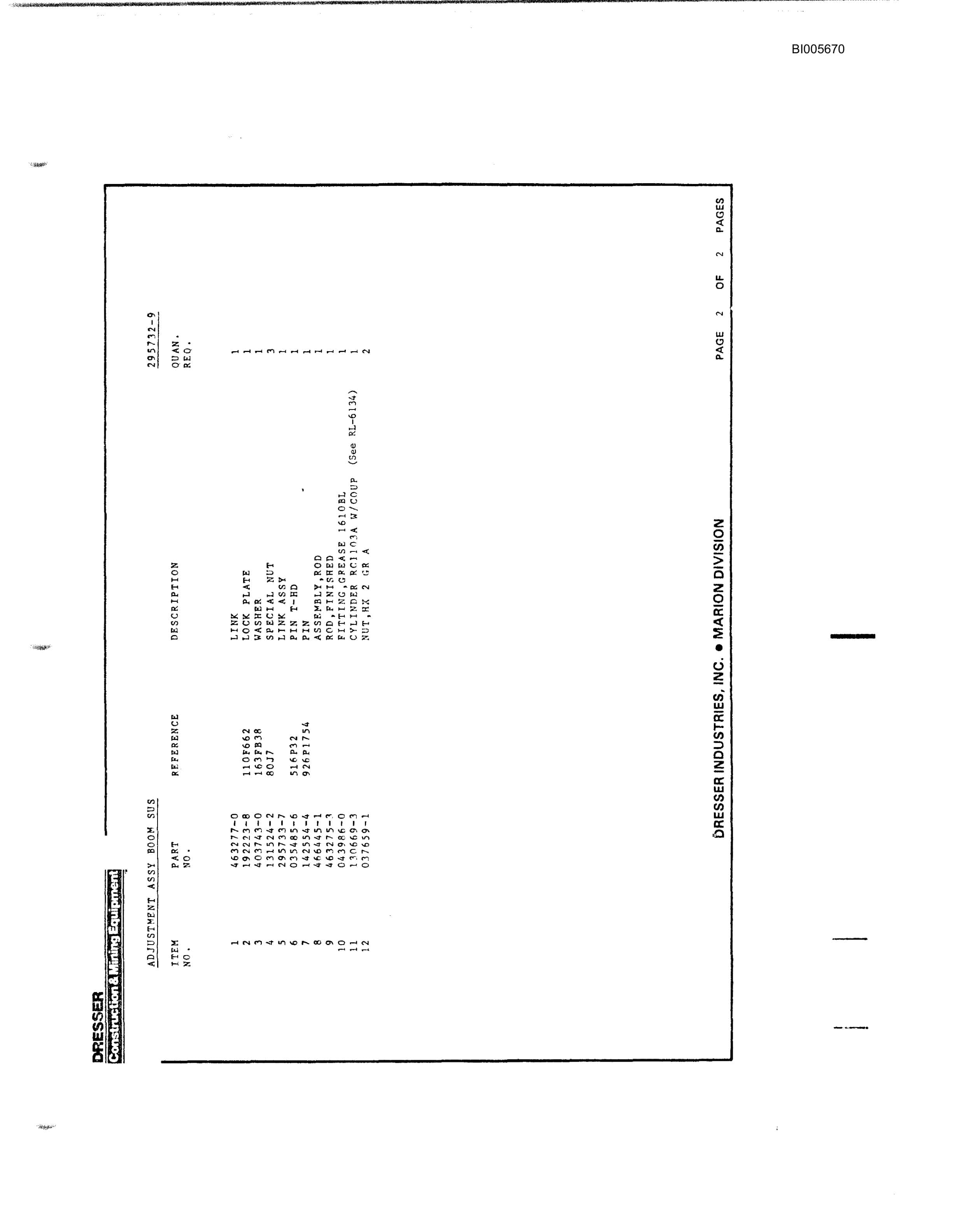 Bucyrus 8050 Parts Catalog BI005670-3