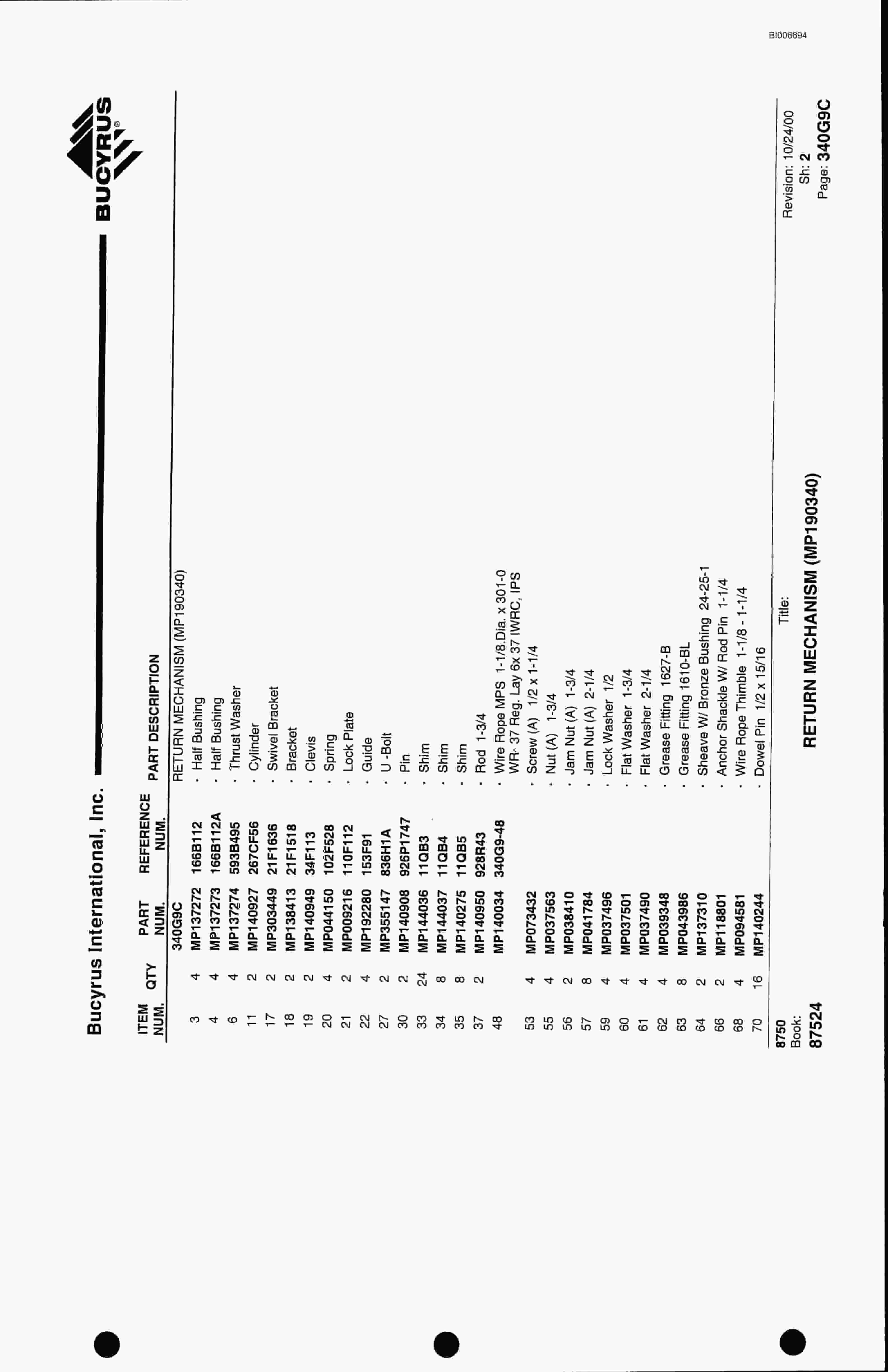 Bucyrus 8750 Parts Catalog BI006694-2