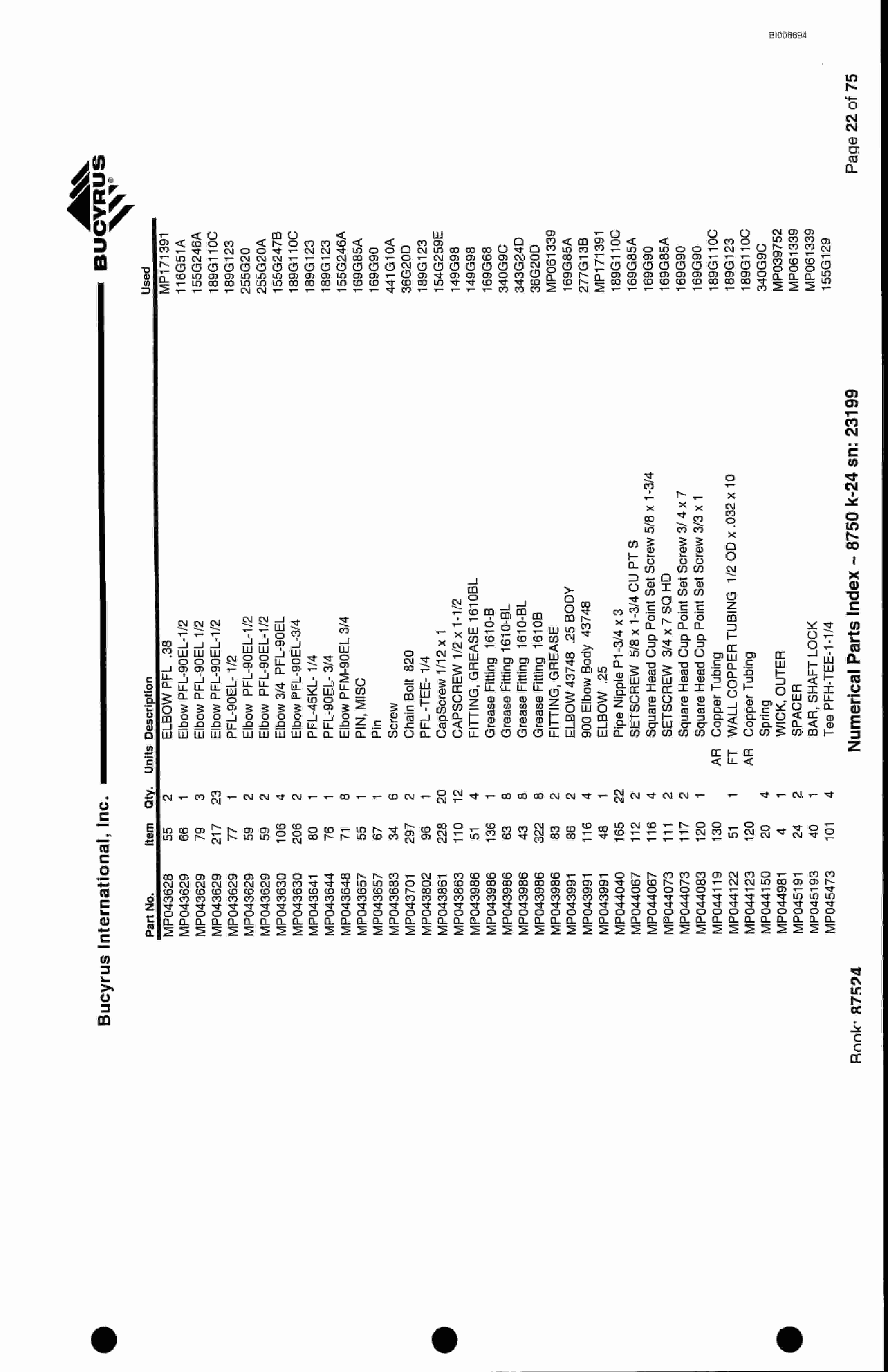 Bucyrus 8750 Parts Catalog BI006694-4