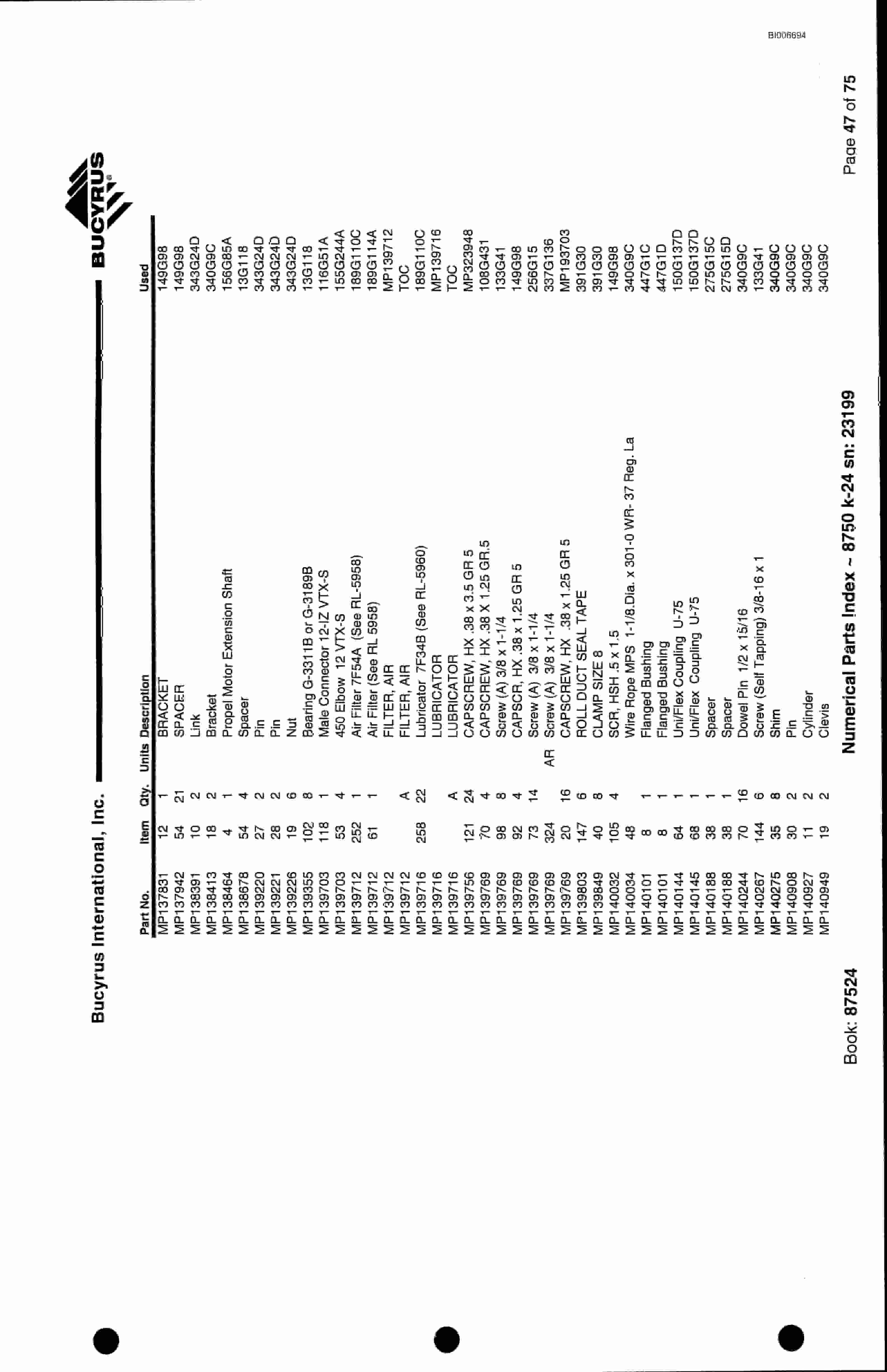 Bucyrus 8750 Parts Catalog BI006694-5