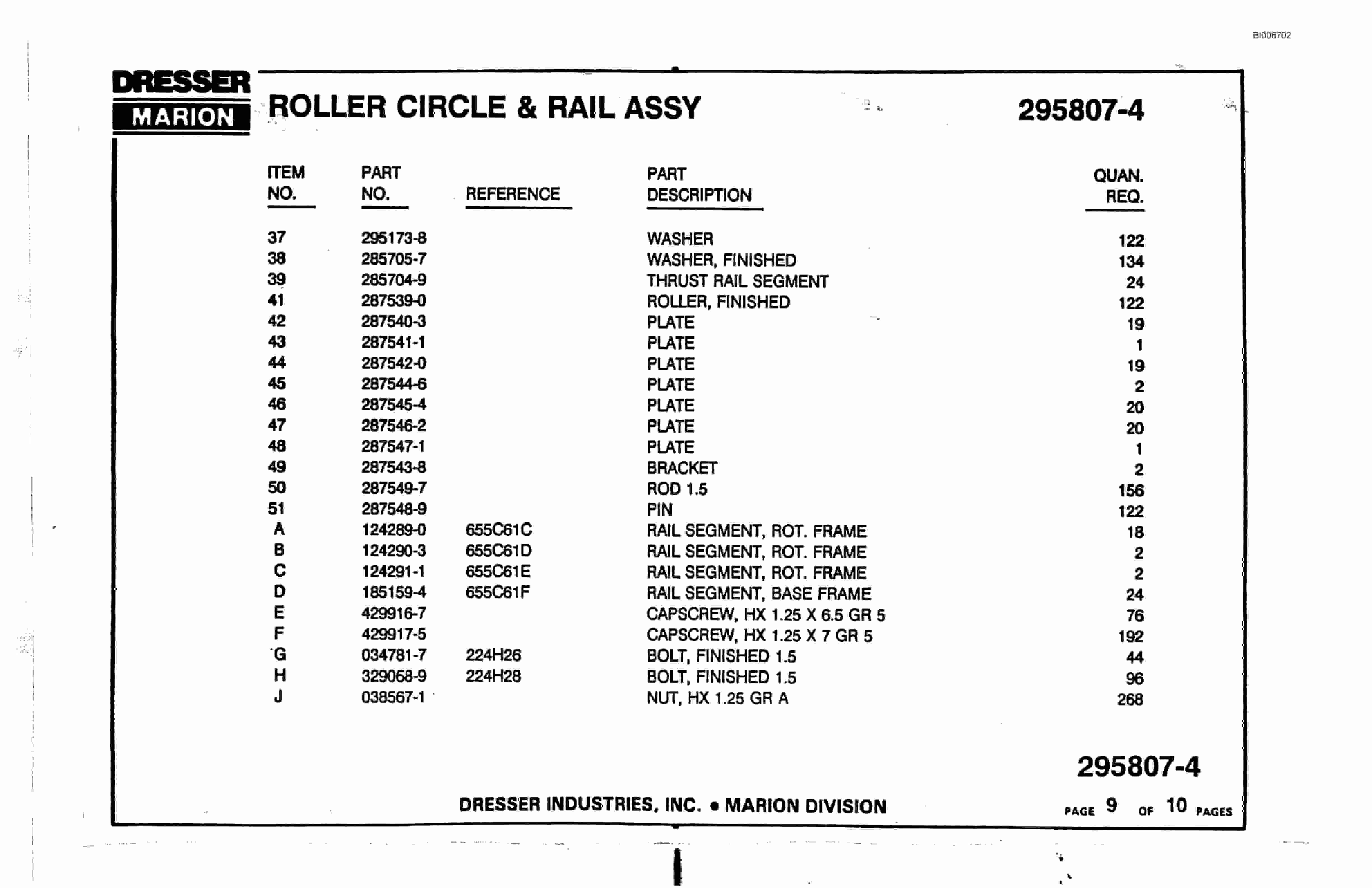 Bucyrus 8750 Walking Dragline Parts Catalog BI006702-4
