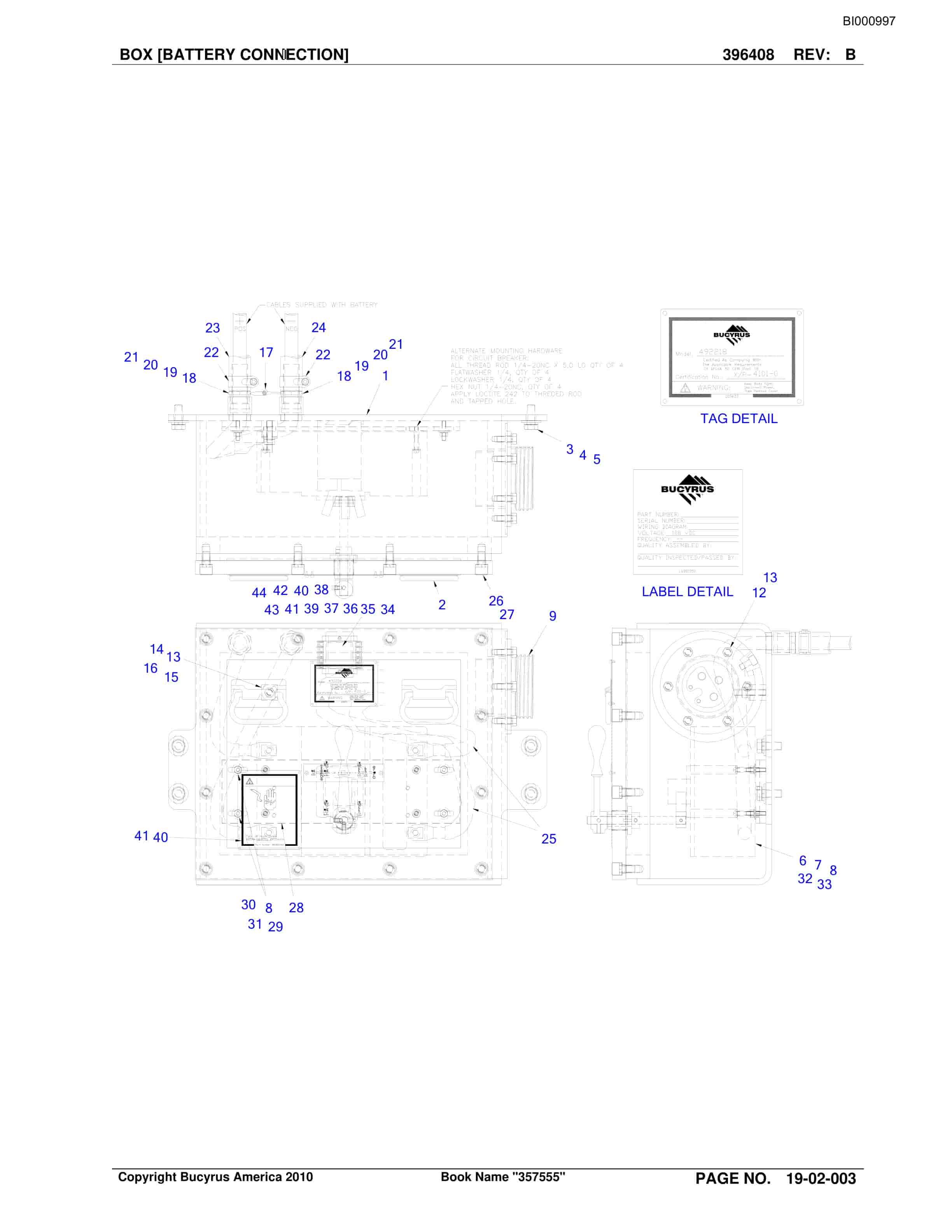 Bucyrus Battery And Charger Spare Parts List BI000997-2
