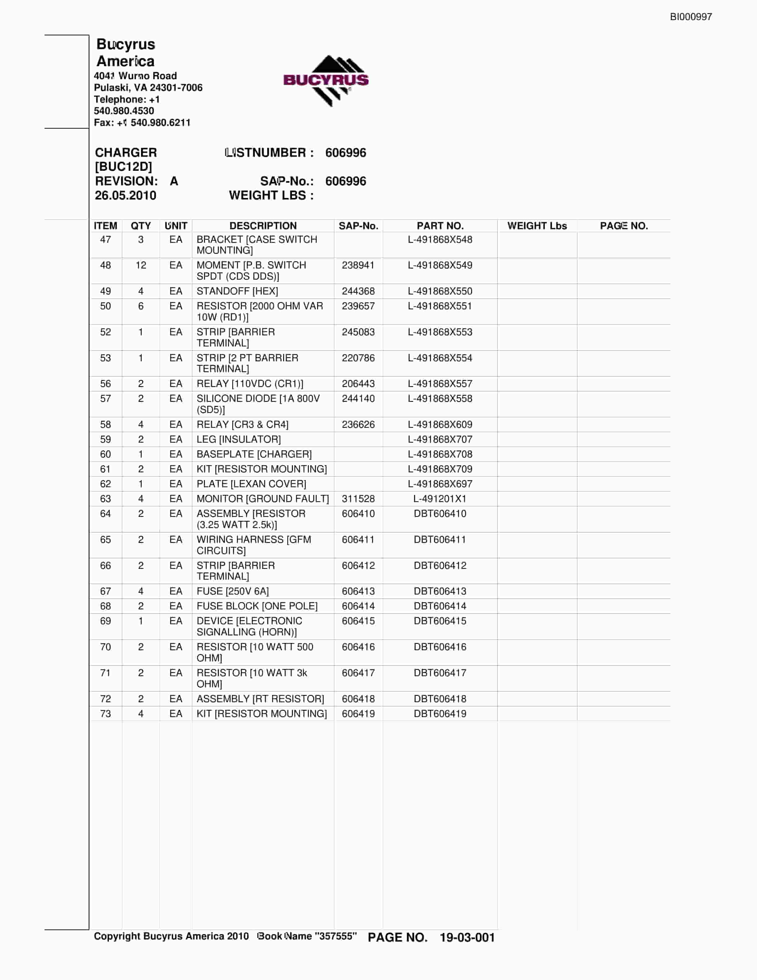 Bucyrus Battery And Charger Spare Parts List BI000997-5