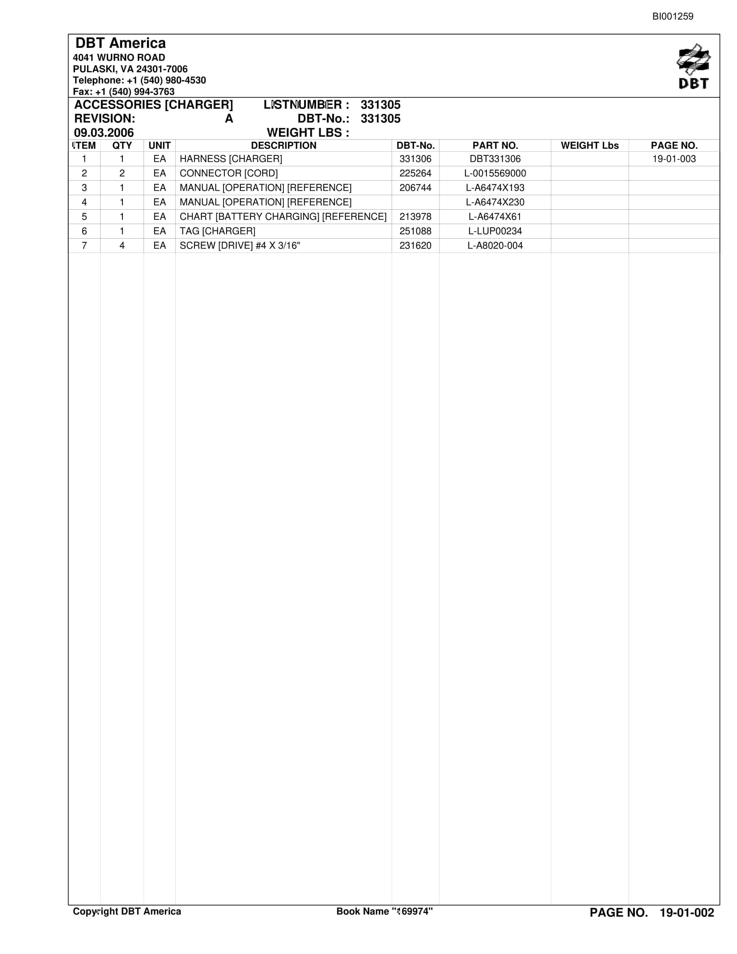 Bucyrus Battery Charger Parts Catalog BI001259-2