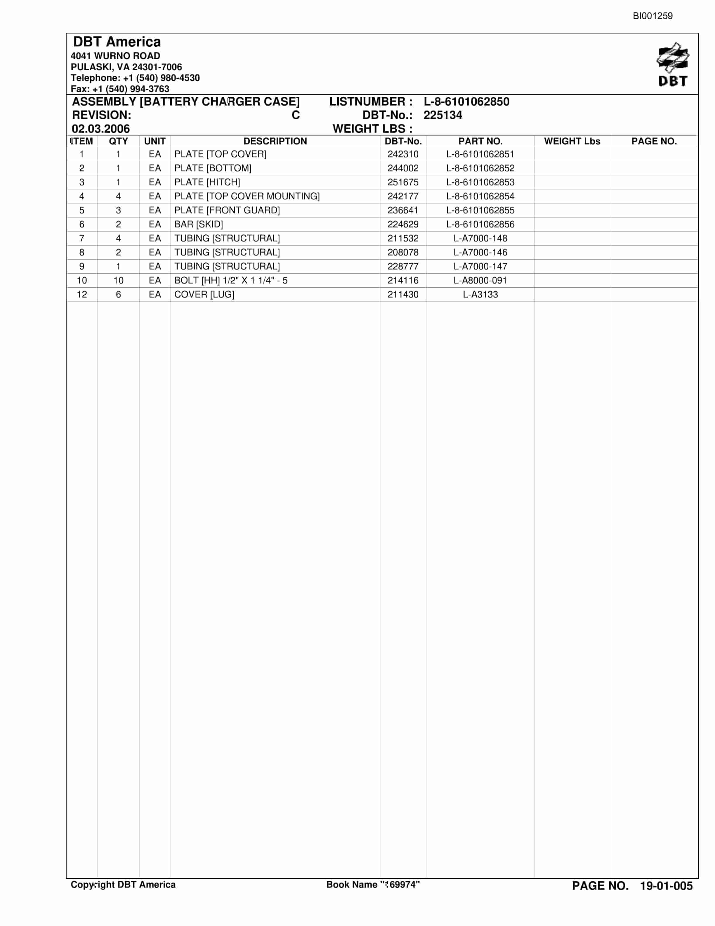 Bucyrus Battery Charger Parts Catalog BI001259-5