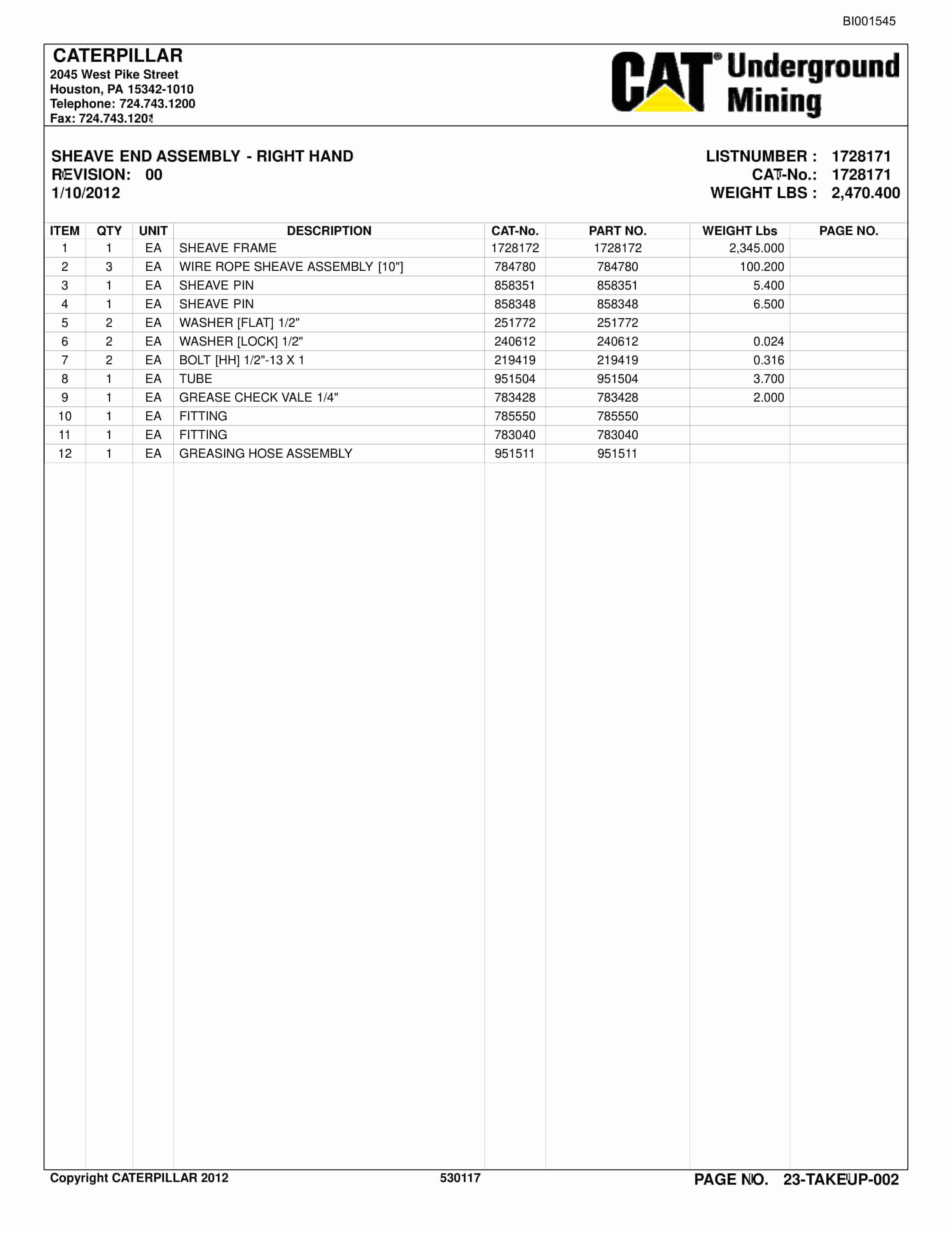 Bucyrus BC100 Belt System Parts Catalog BI001545-4
