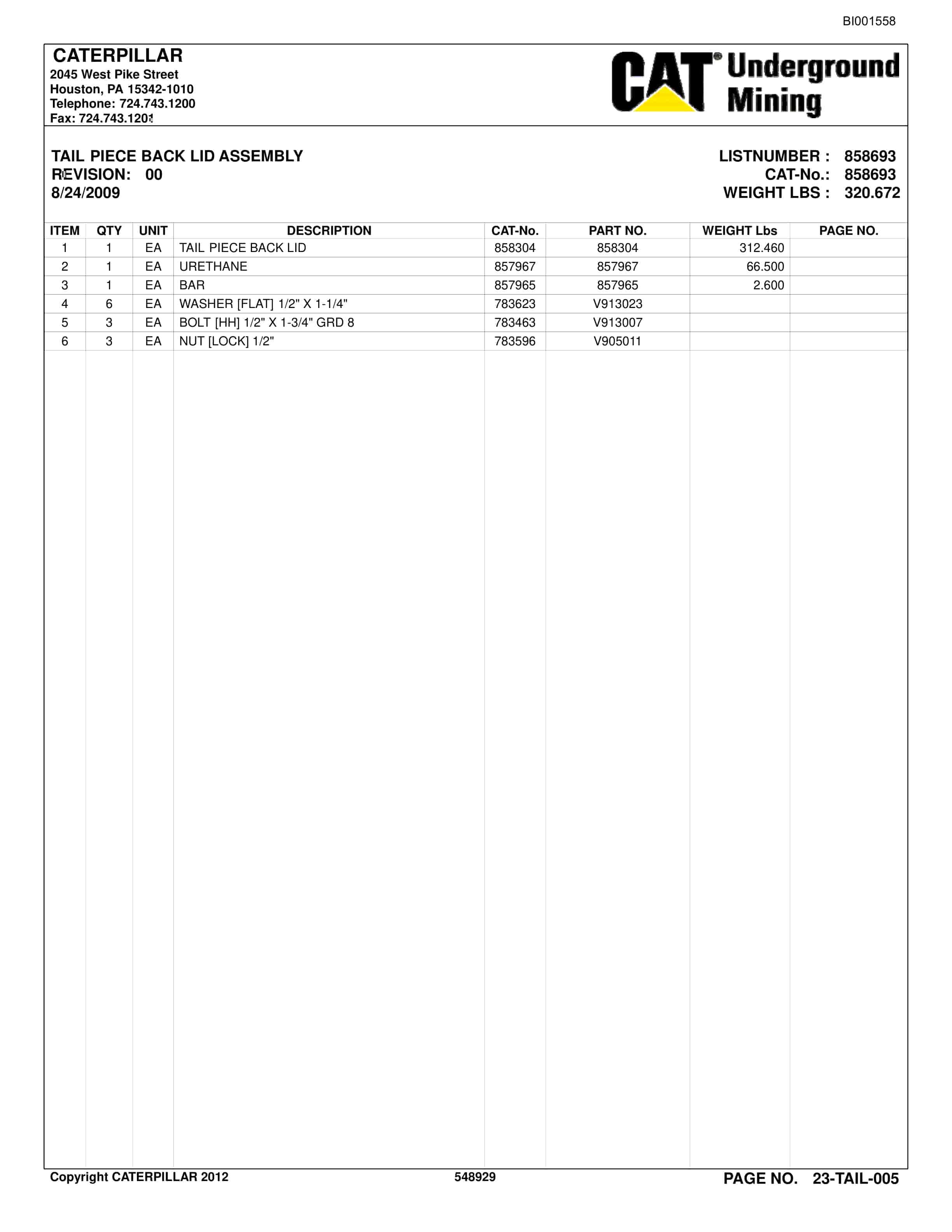Bucyrus BC100 Belt System Parts Catalog BI001558-4