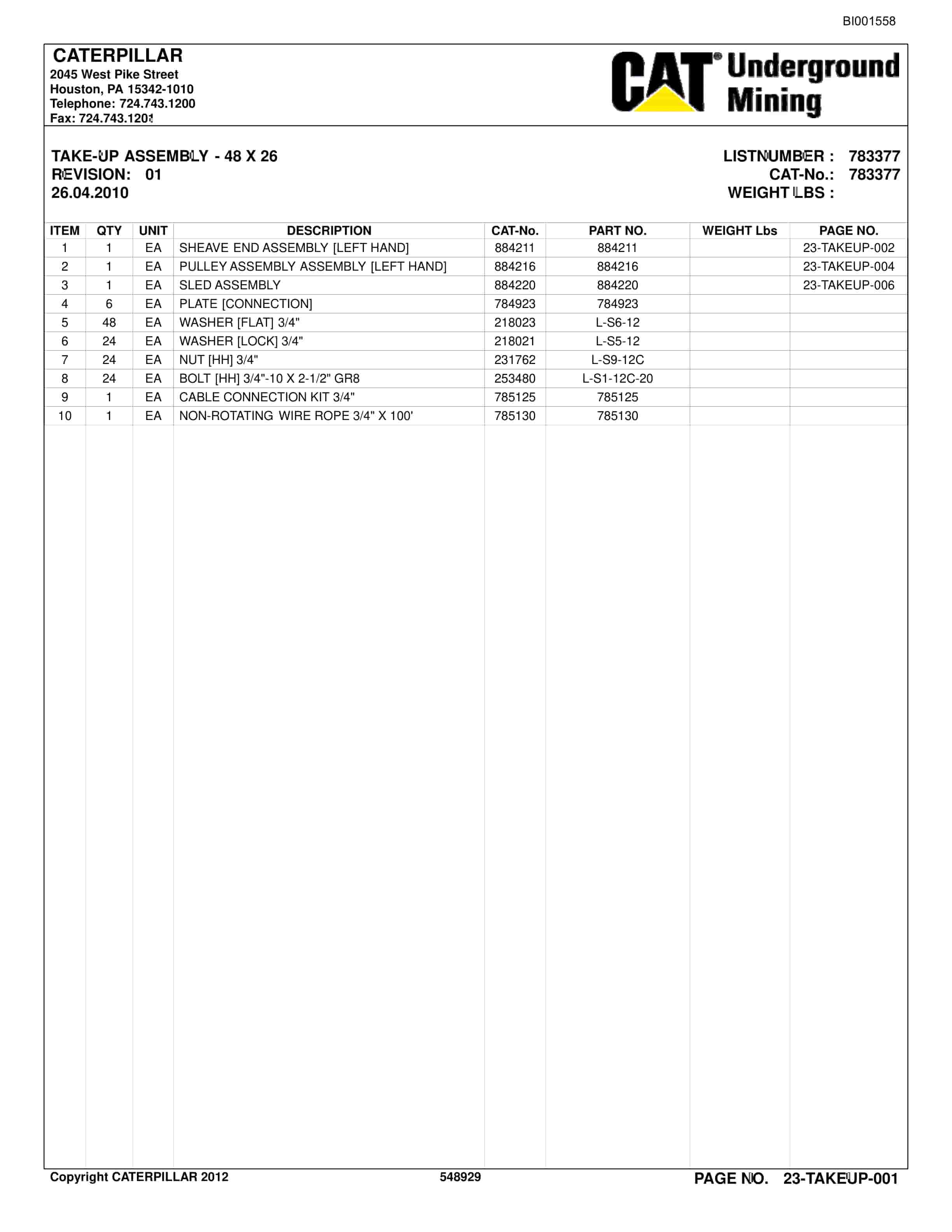 Bucyrus BC100 Belt System Parts Catalog BI001558-5