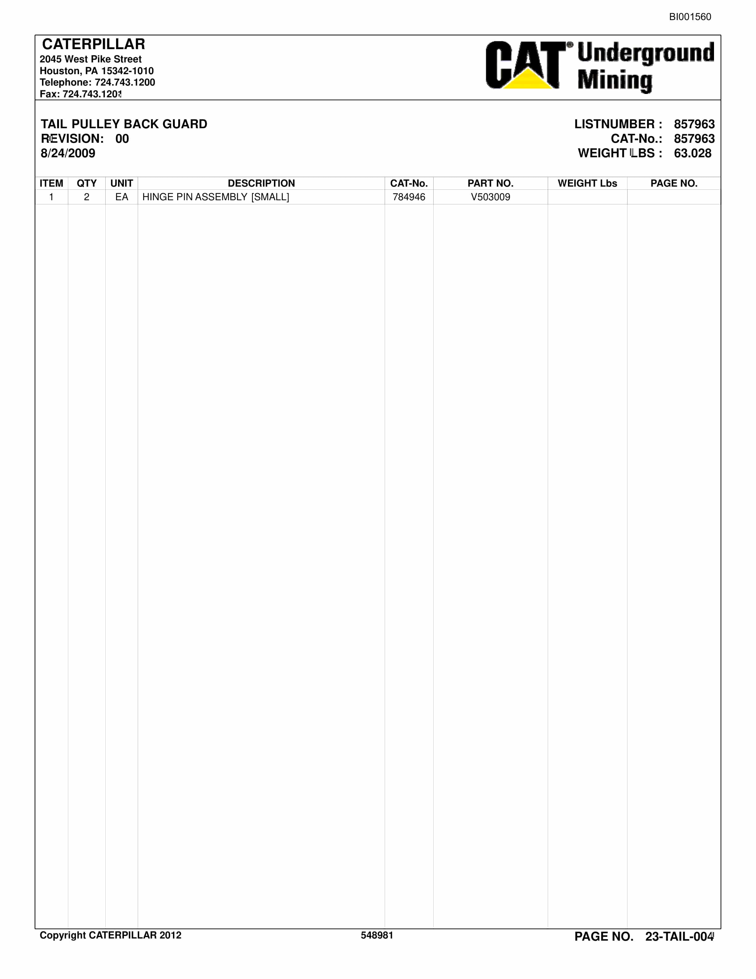Bucyrus BC100 Belt System Parts Catalog BI001560-3