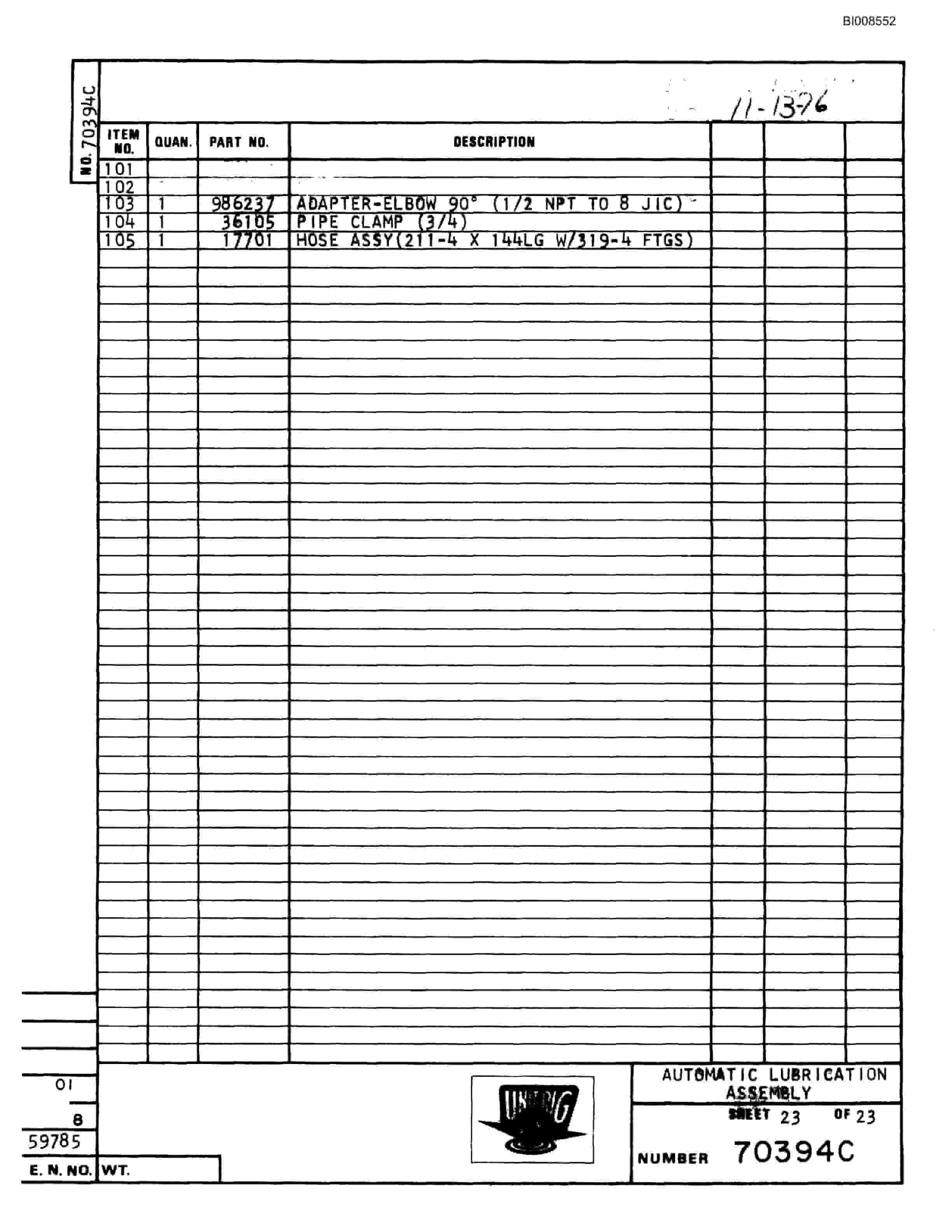 Bucyrus BD-180 Parts Catalog BI008552-3