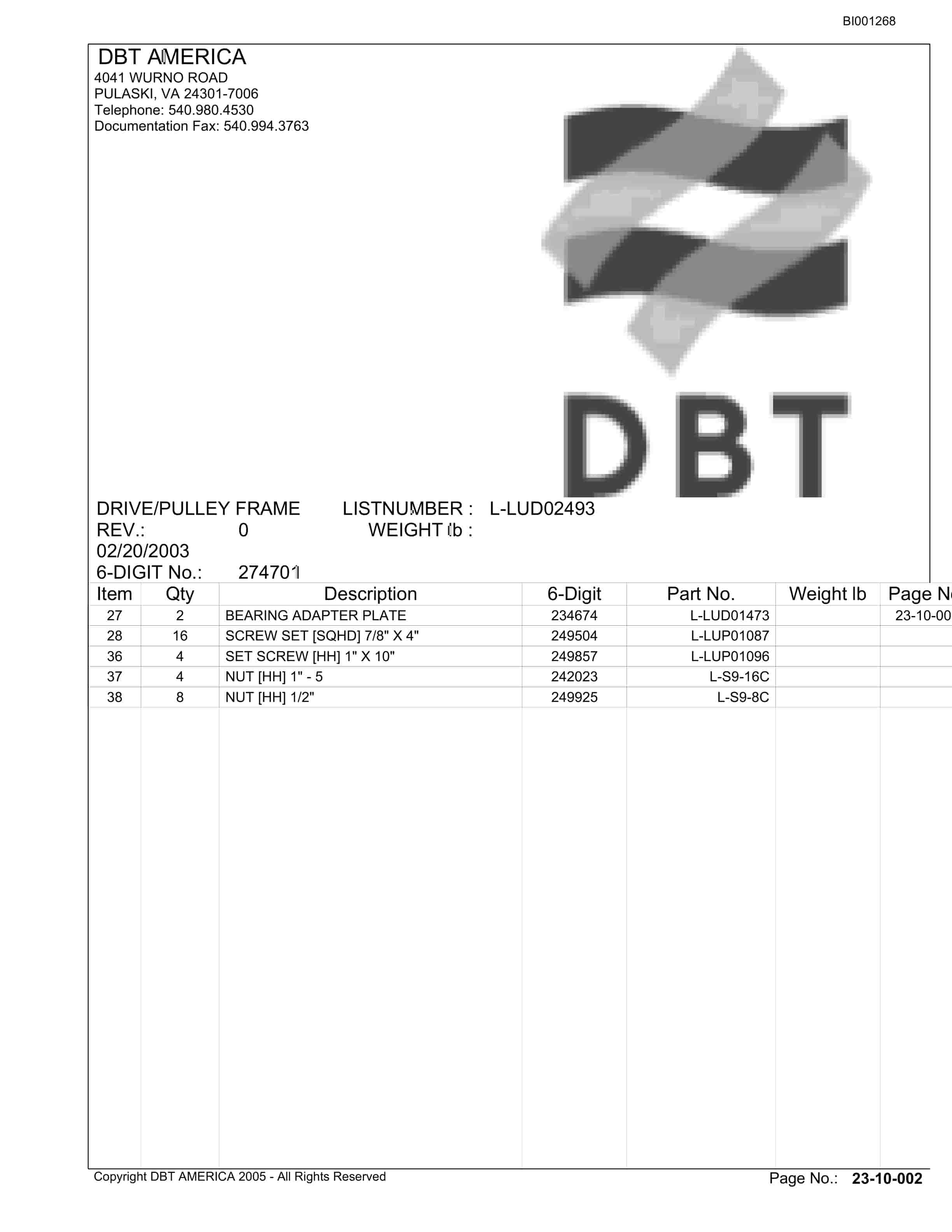 Bucyrus Belt Drive Laurel Energy LP Parts Catalog BI001268-3