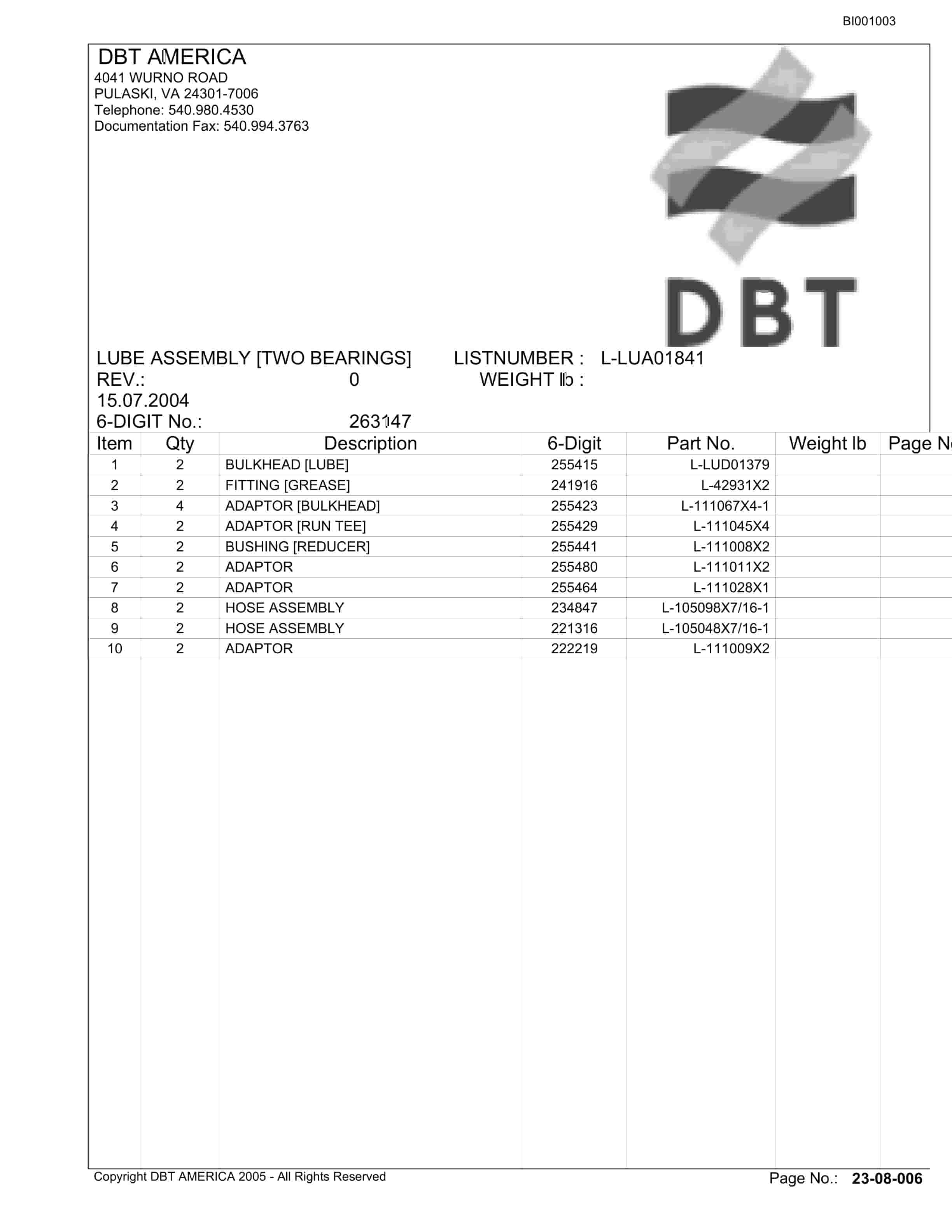 Bucyrus Belt Drive Parts Catalog BI001003-4