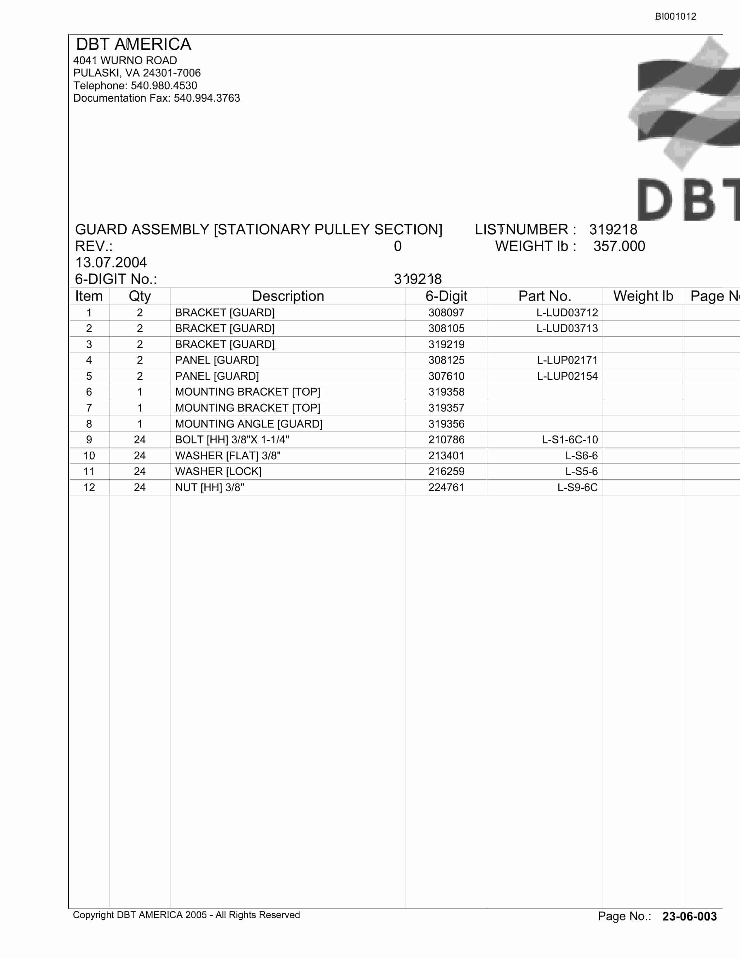 Bucyrus Belt Drive Parts Catalog BI001012-3