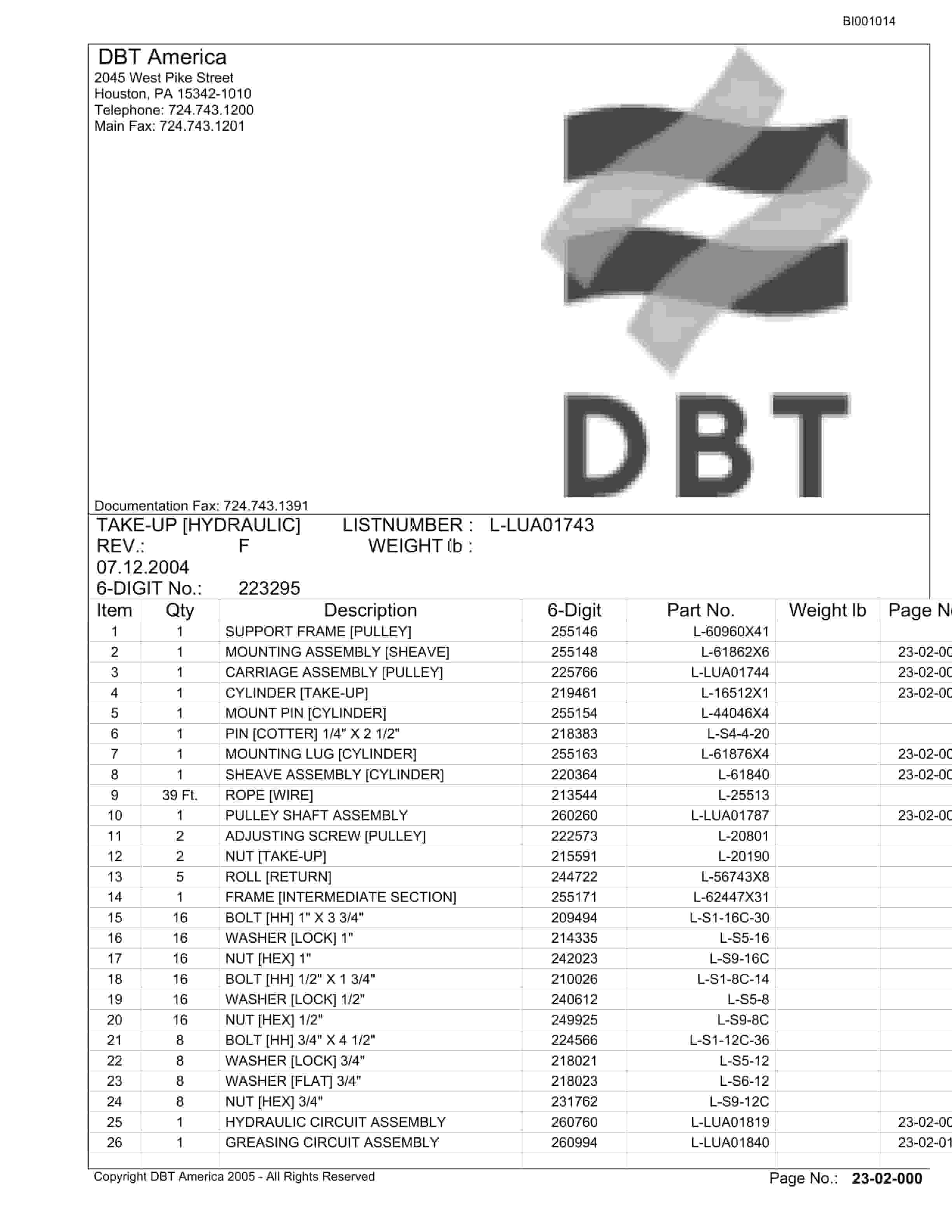Bucyrus Belt System Parts Catalog BI001014-2