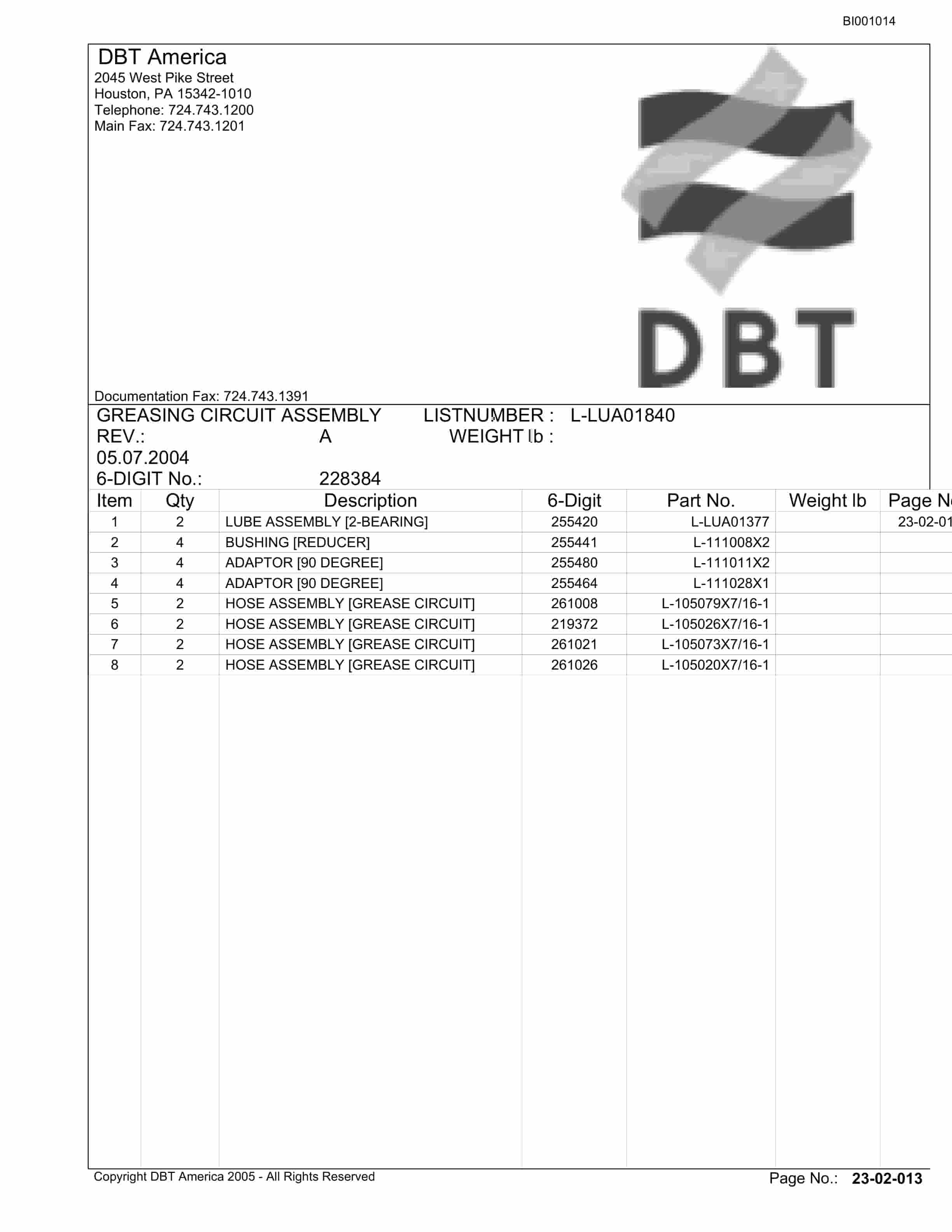 Bucyrus Belt System Parts Catalog BI001014-5