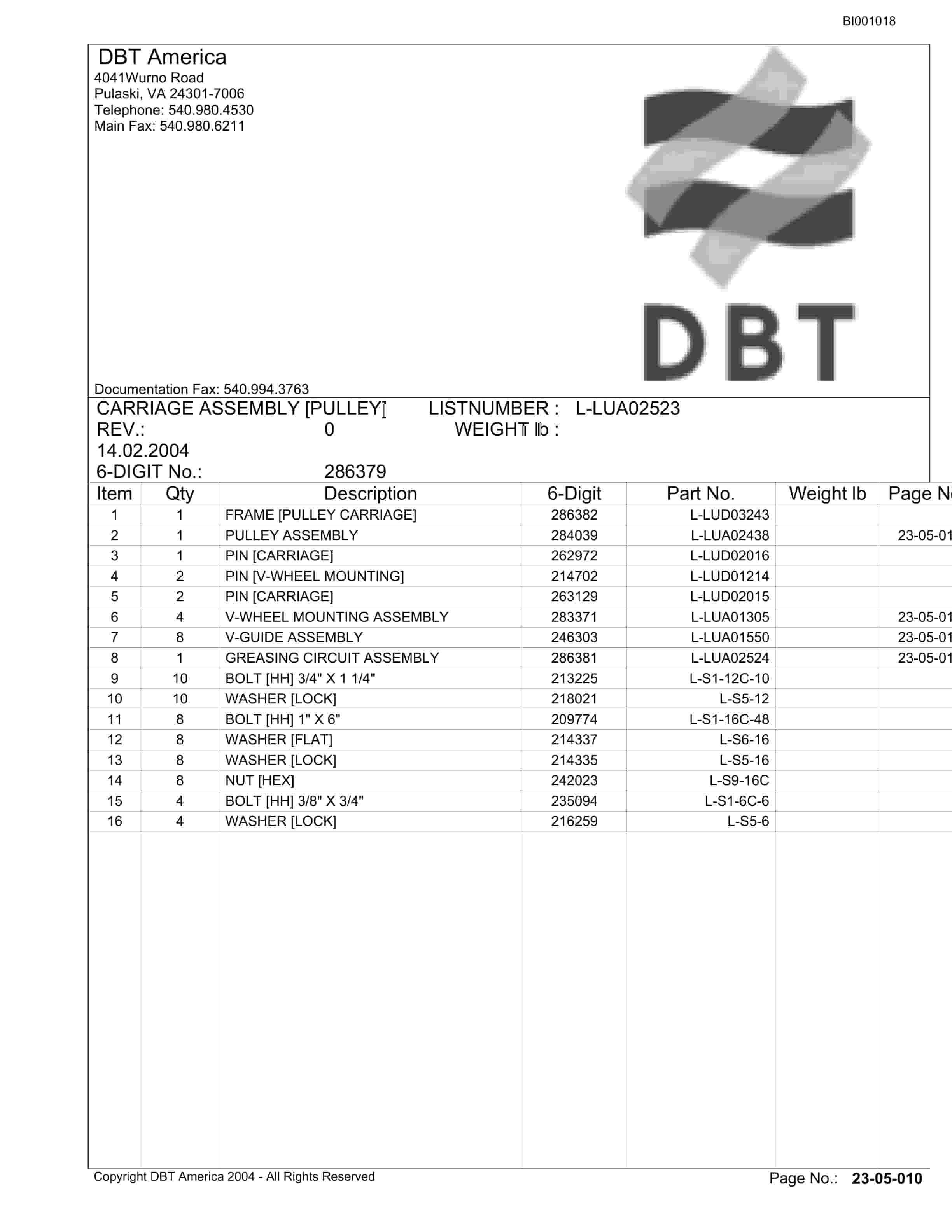 Bucyrus Belt System Parts Catalog BI001018-2