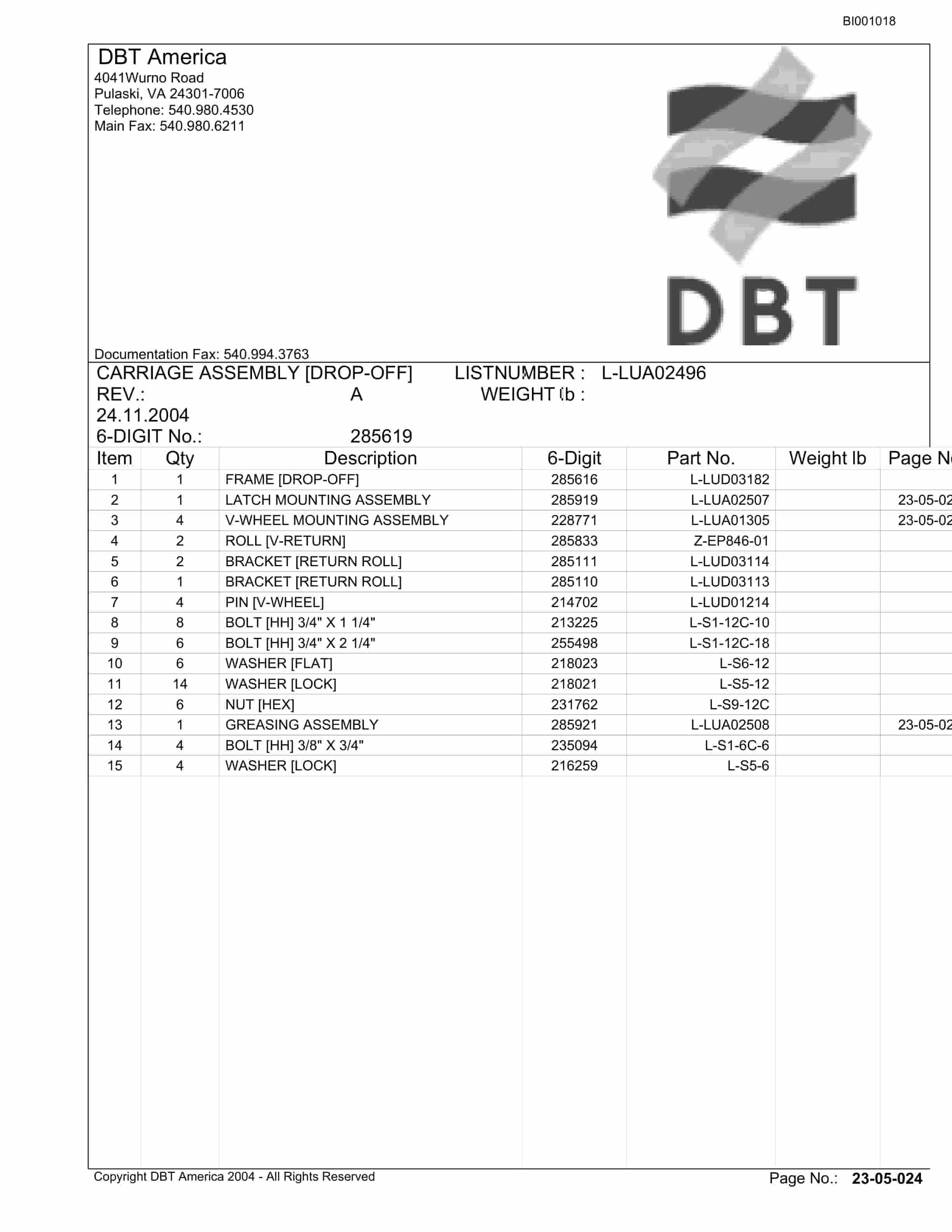 Bucyrus Belt System Parts Catalog BI001018-3