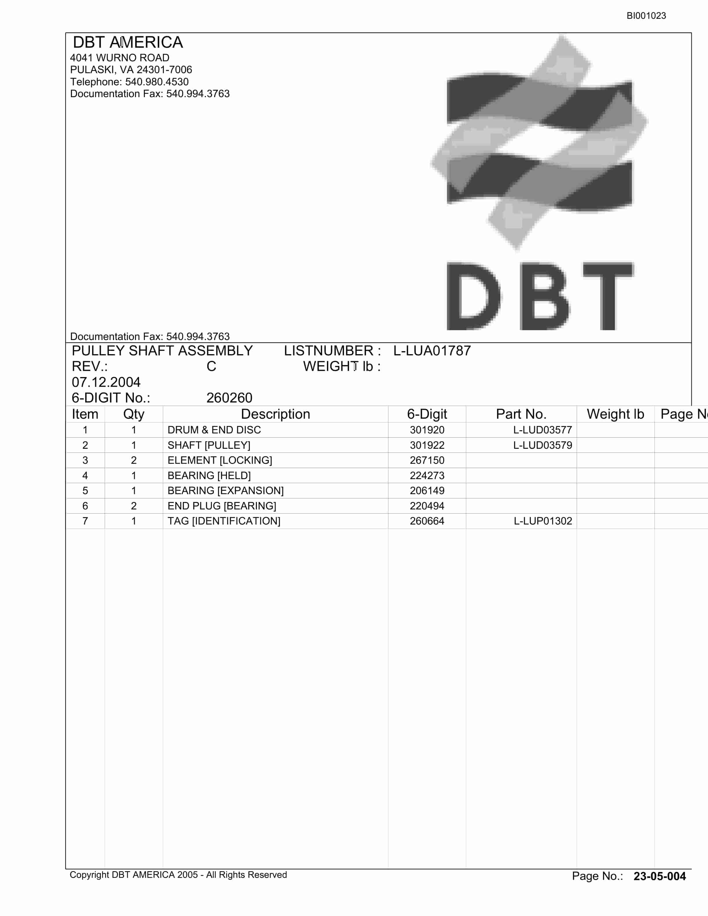Bucyrus Belt System Parts Catalog BI001023-2