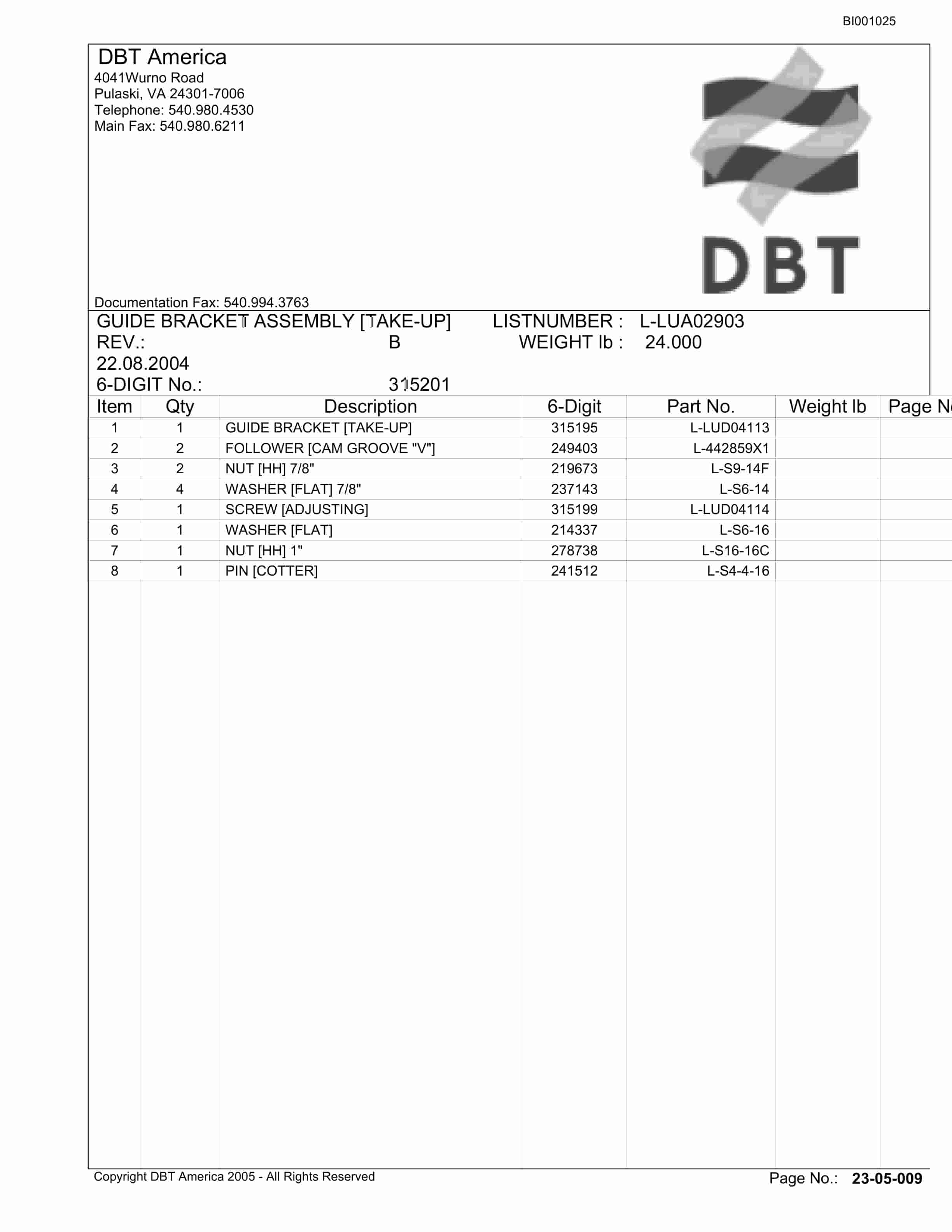 Bucyrus Belt System Parts Catalog BI001025-2
