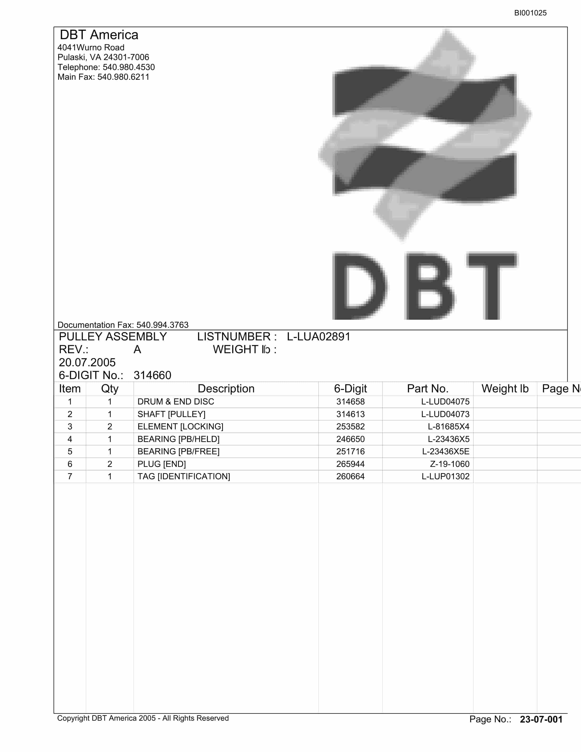Bucyrus Belt System Parts Catalog BI001025-3