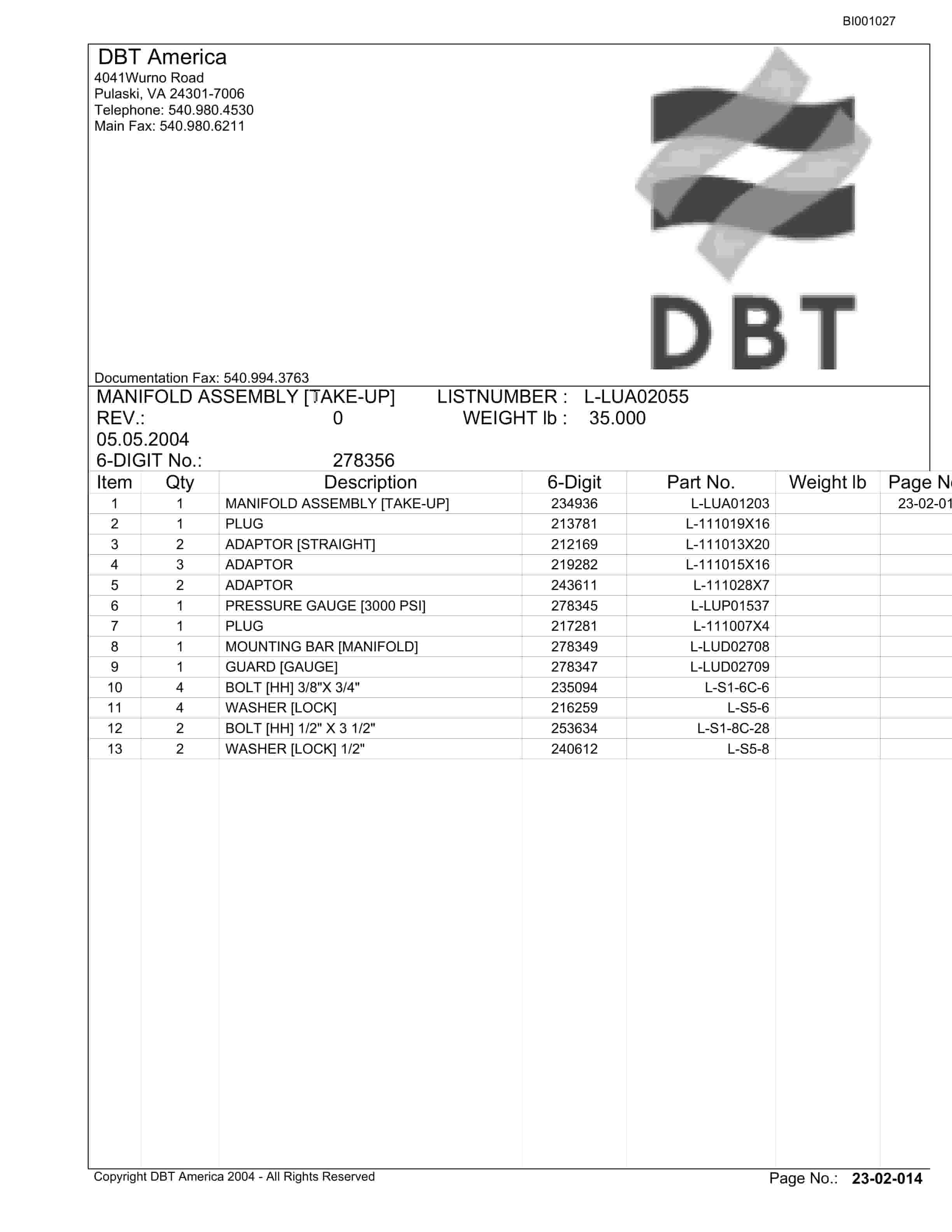 Bucyrus Belt System Parts Catalog BI001027-2