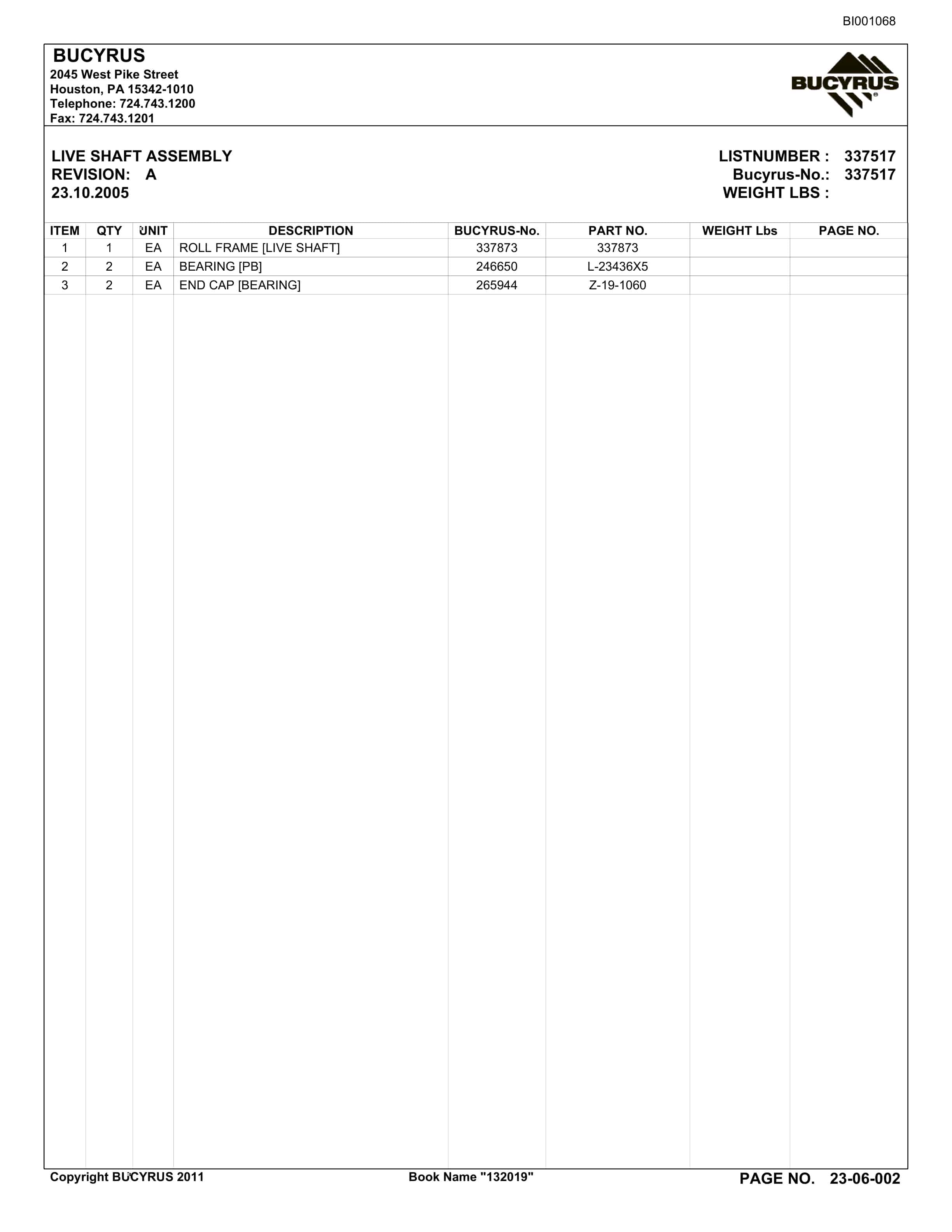 Bucyrus Belt System Parts Catalog BI001068-3