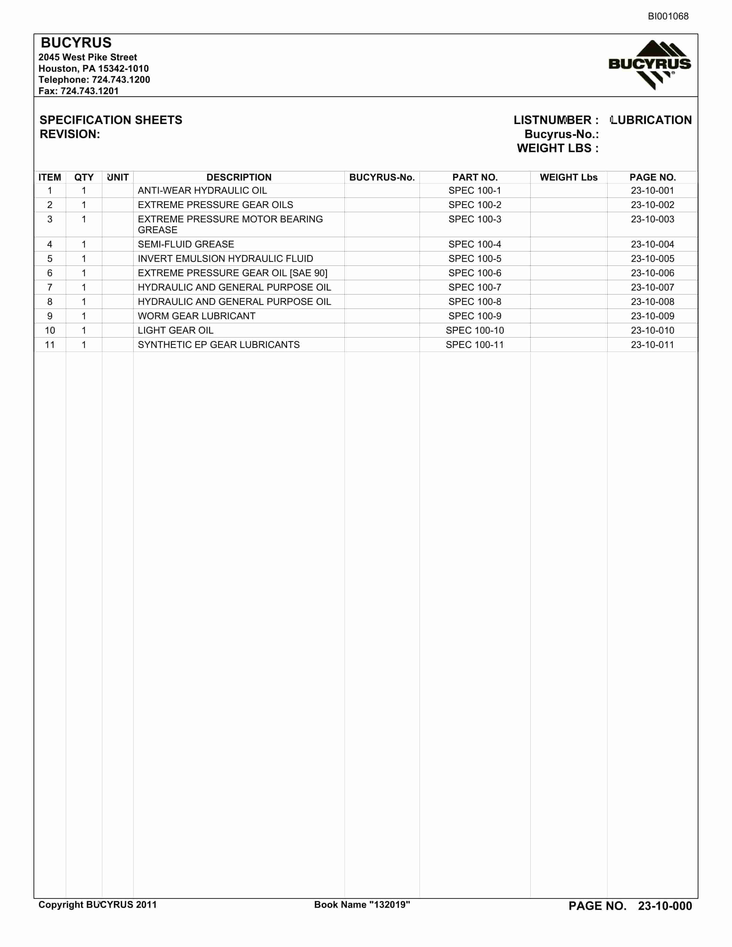 Bucyrus Belt System Parts Catalog BI001068-4