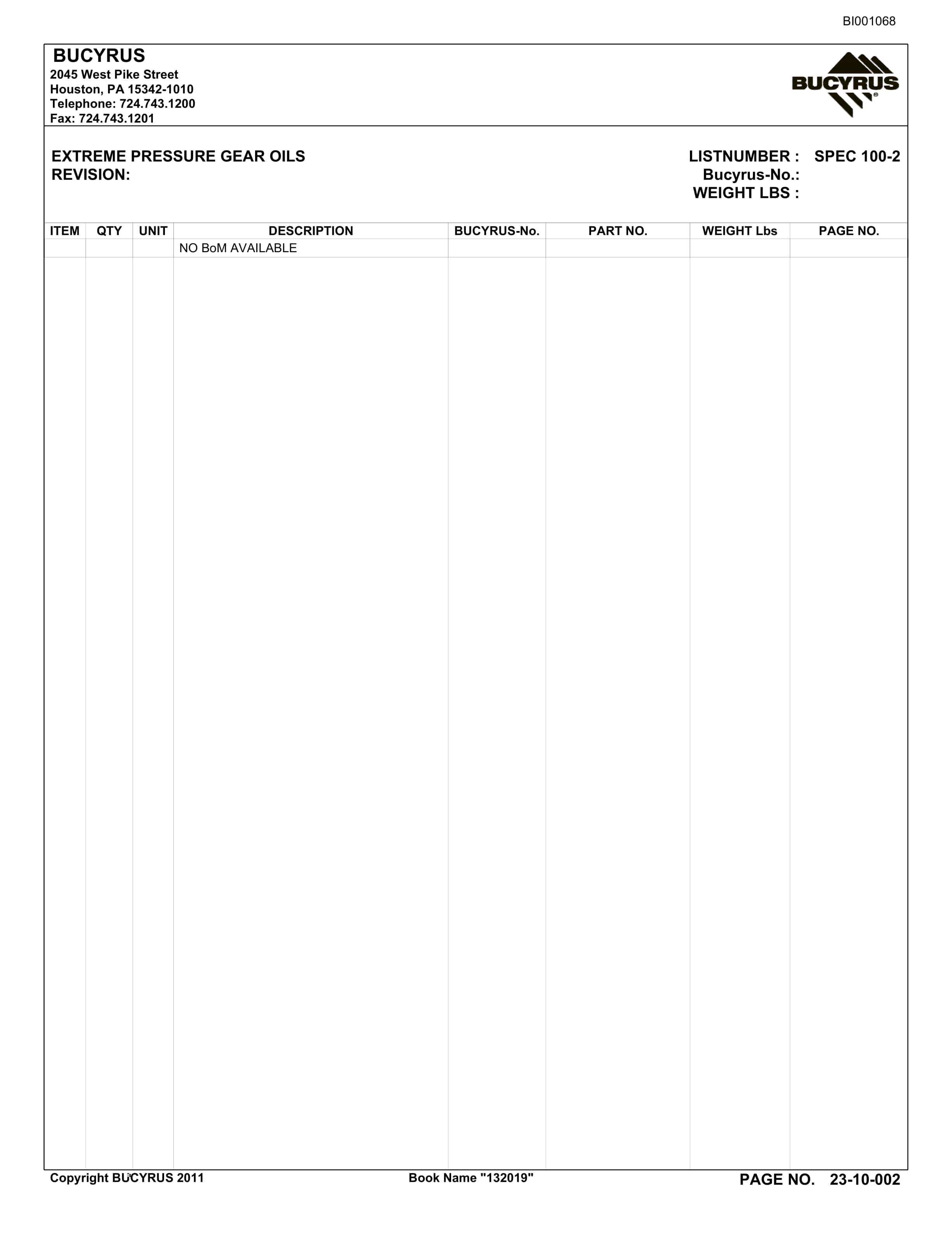 Bucyrus Belt System Parts Catalog BI001068-5