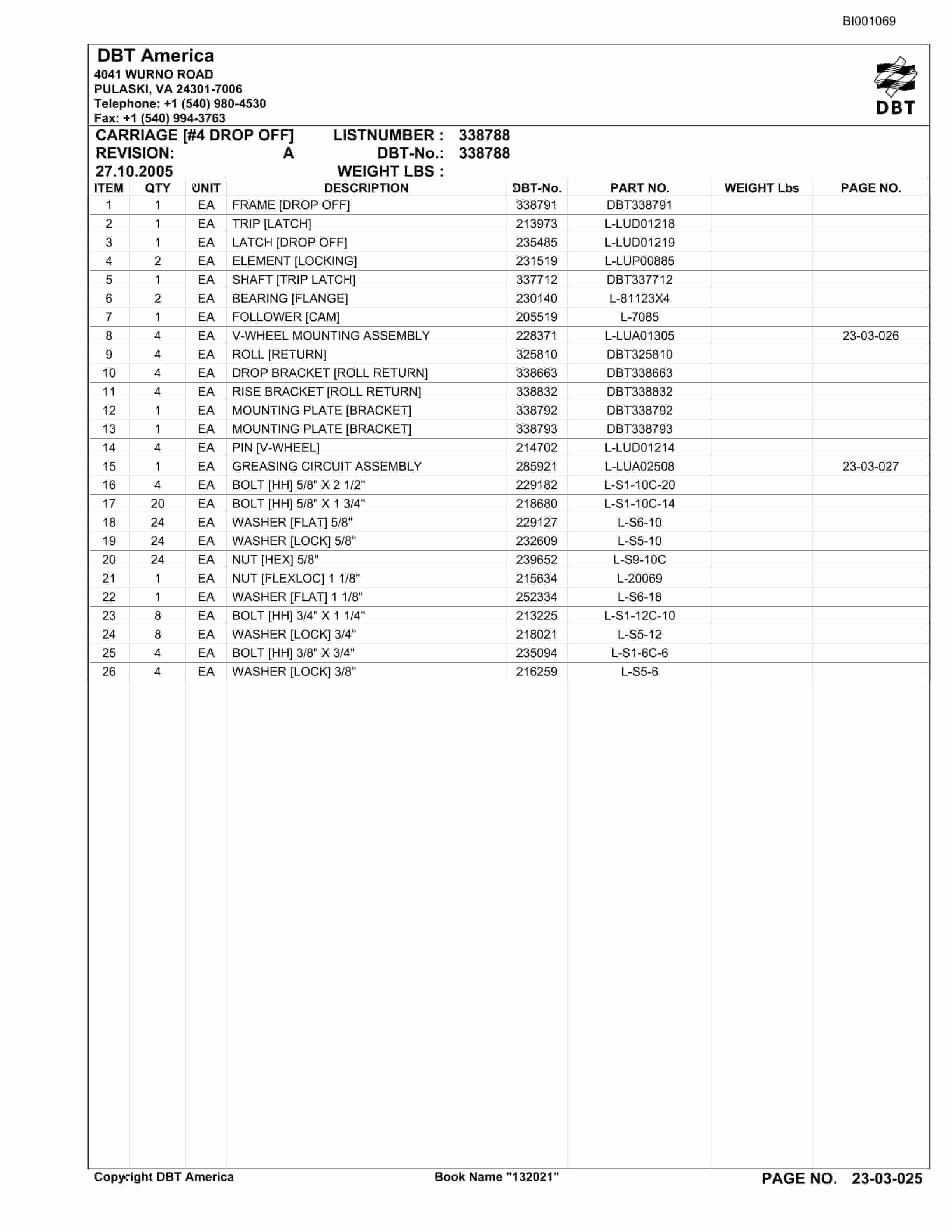 Bucyrus Belt System Parts Catalog BI001069-2