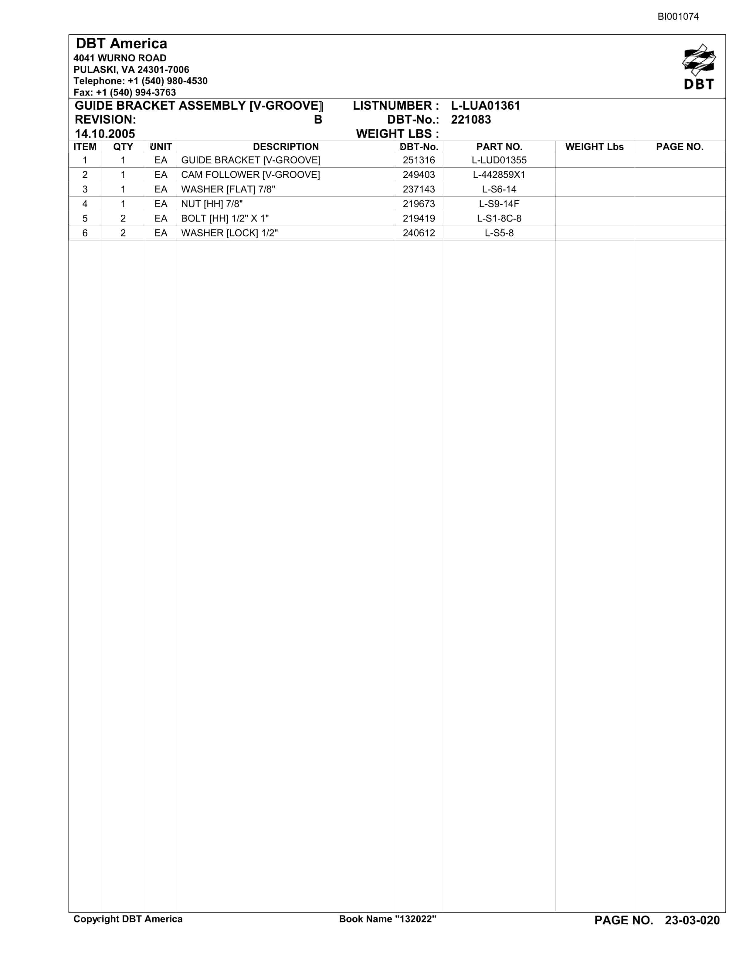 Bucyrus Belt System Parts Catalog BI001074-2